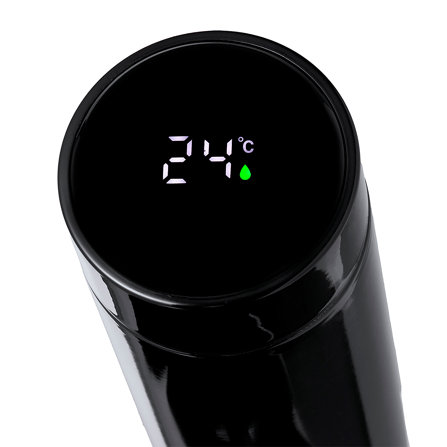 Termo negro con pantalla digital que muestra 24 grados Celsius.