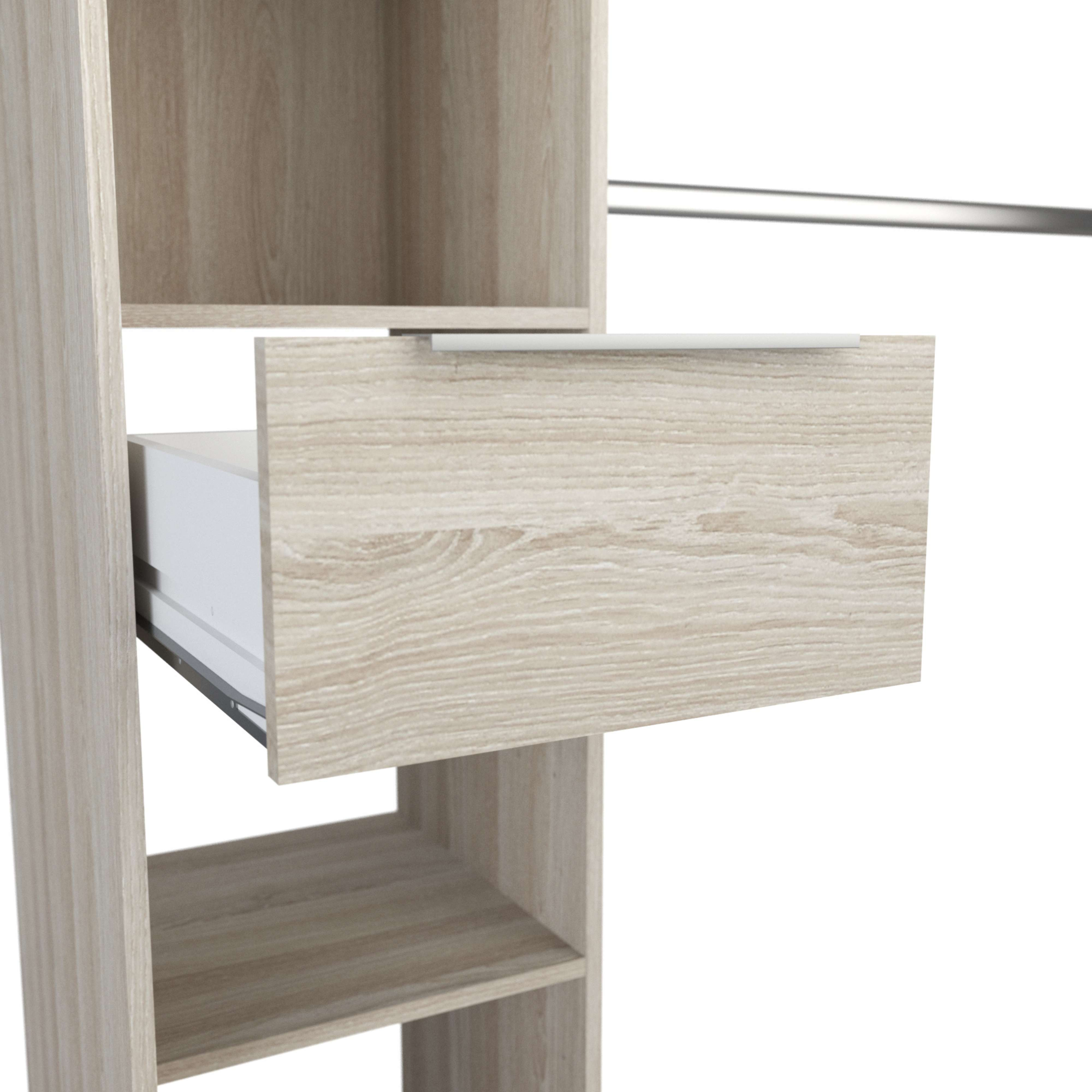 Armario de madera clara con cajón abierto y barra de ropa.