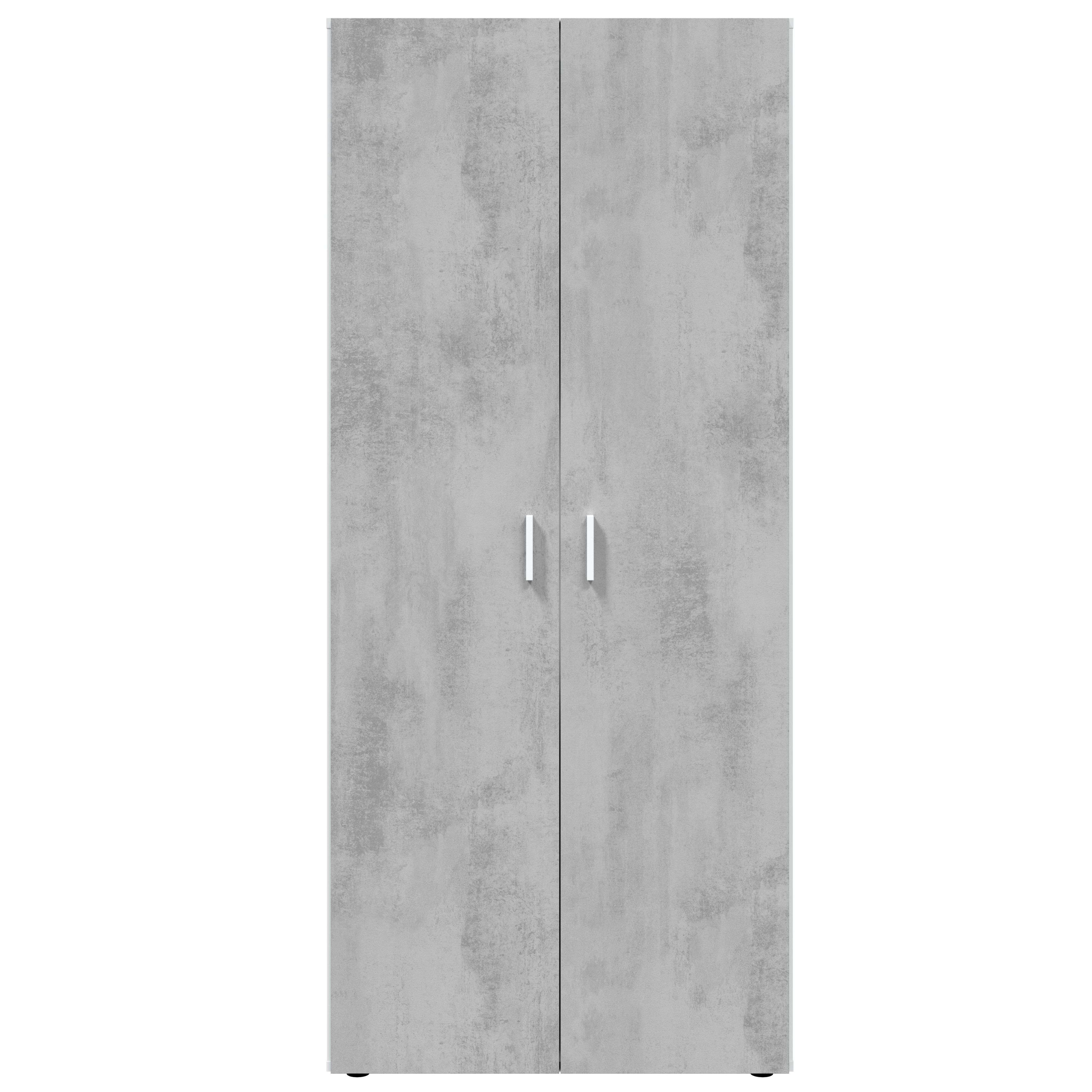 Un armario gris con dos puertas y tiradores blancos.