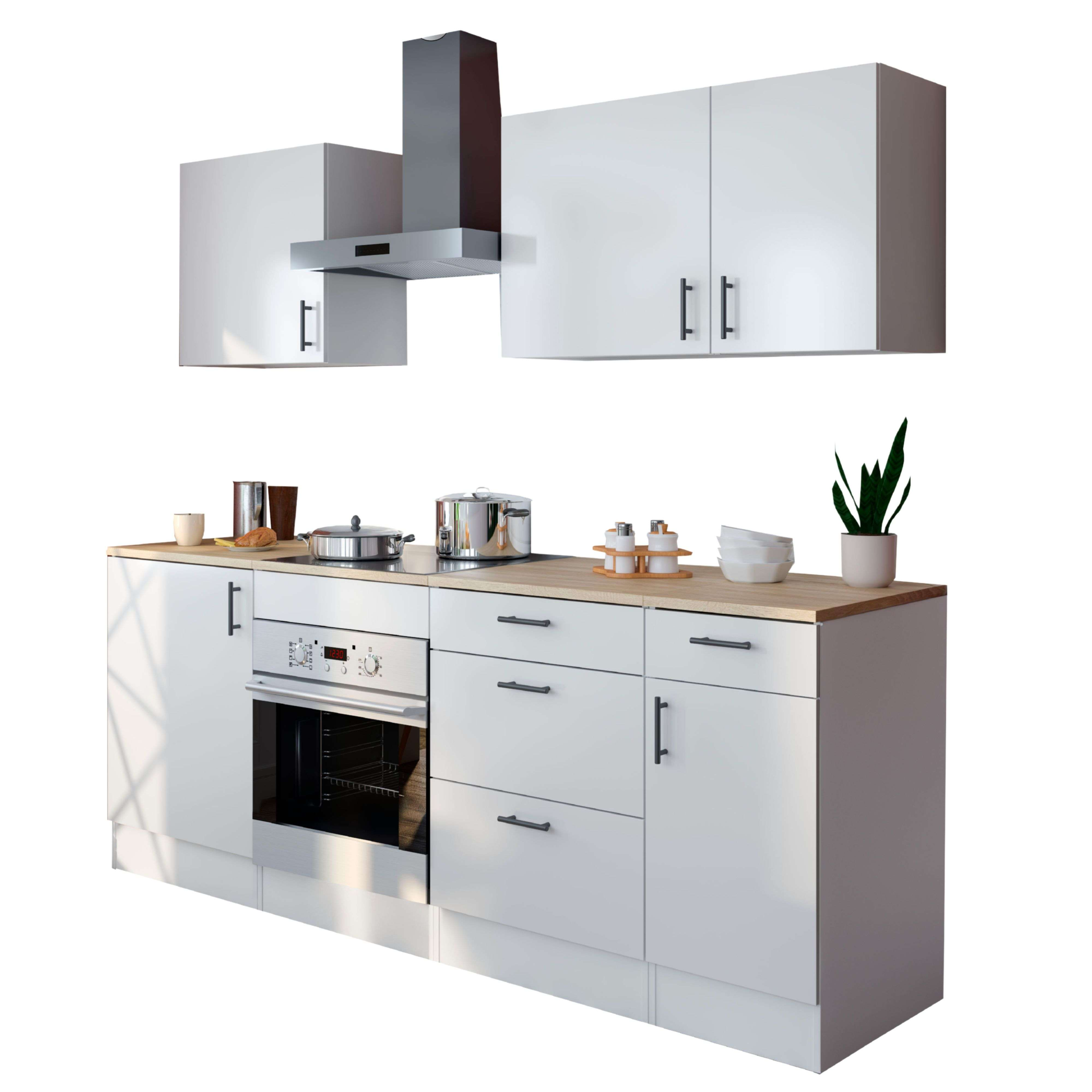Moderna cocina blanca con campana extractora, horno y armarios.