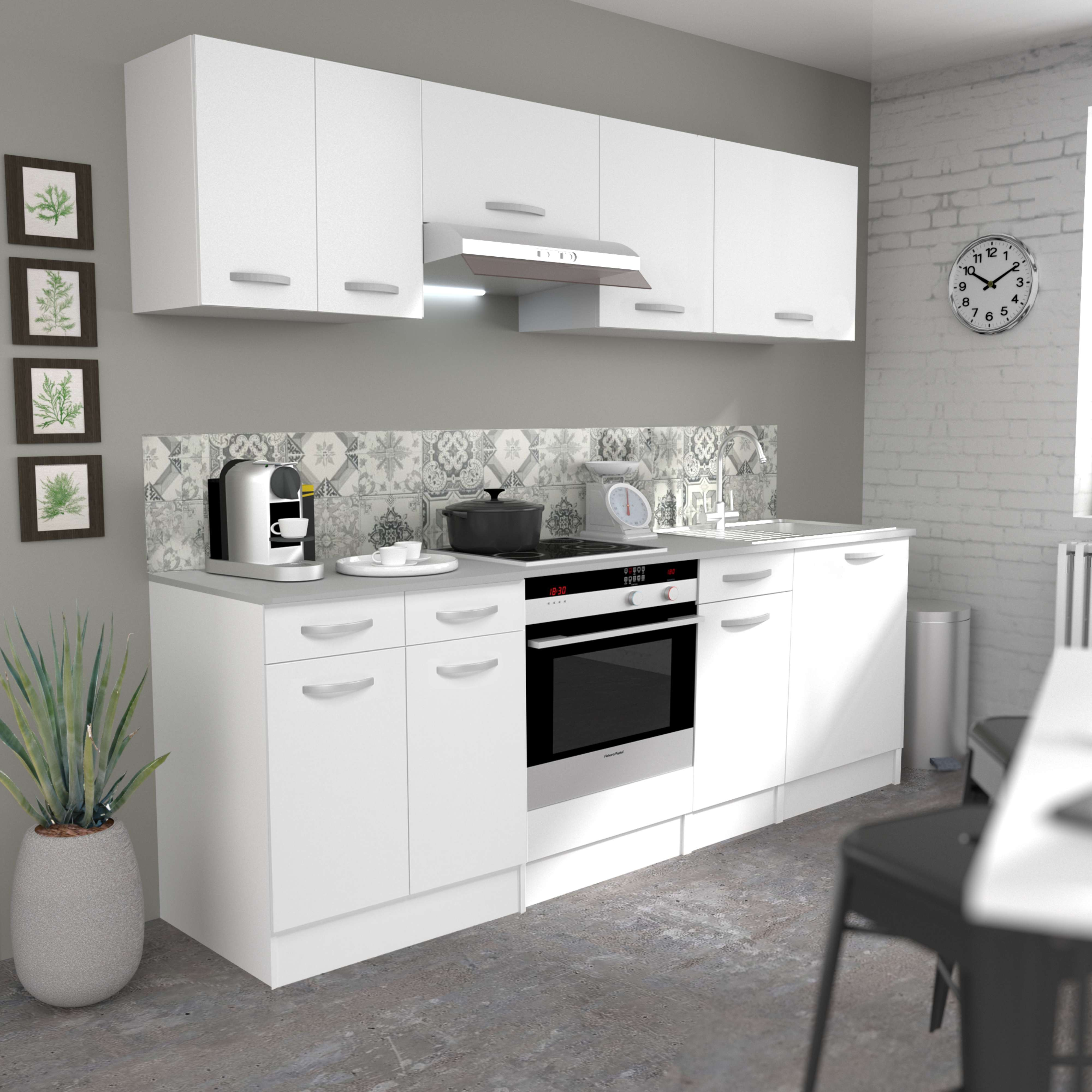 Cocina blanca moderna con electrodomésticos, campana y plantas. Incluye horno, cafetera.