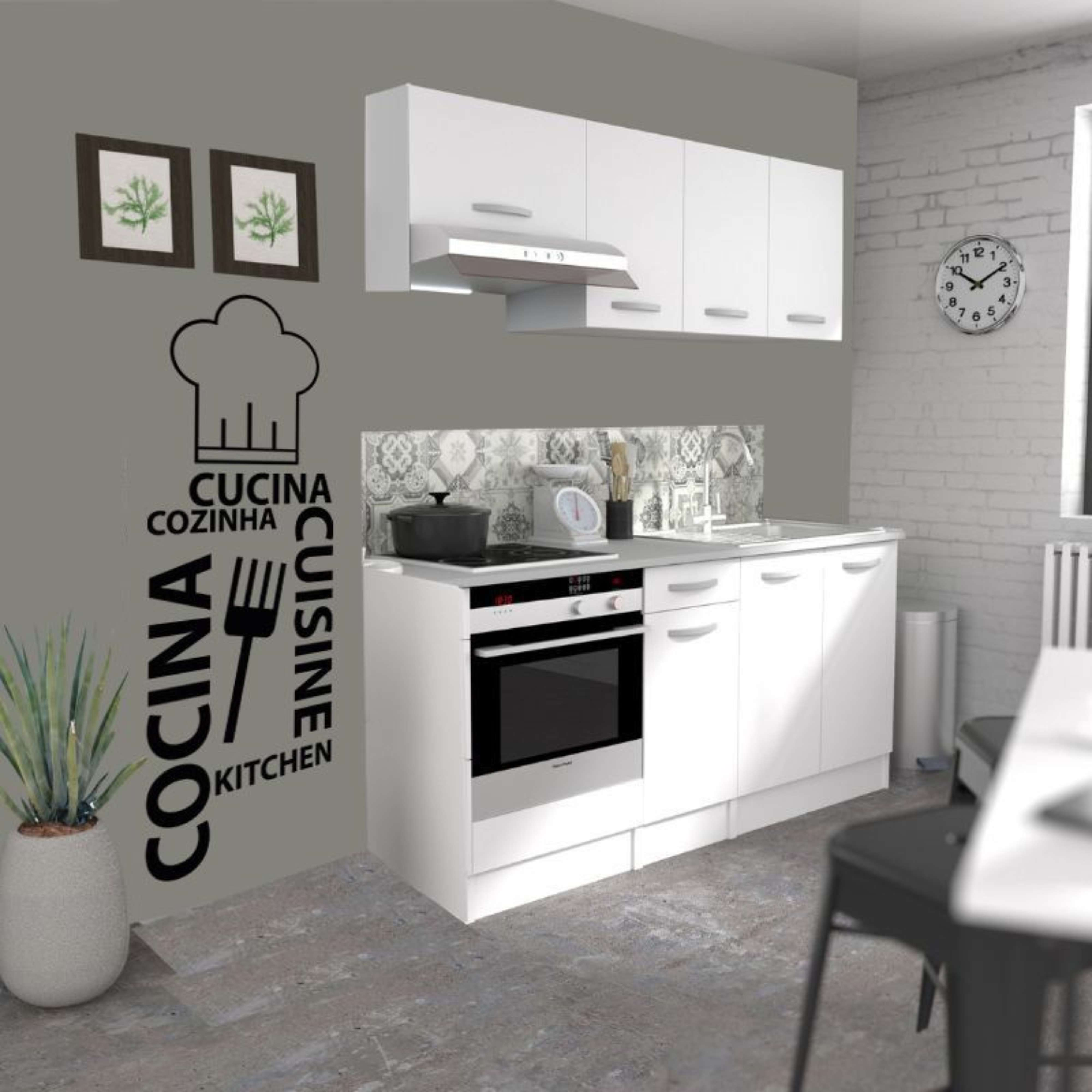 Cocina blanca moderna con vitrocerámica, horno, campana y reloj.