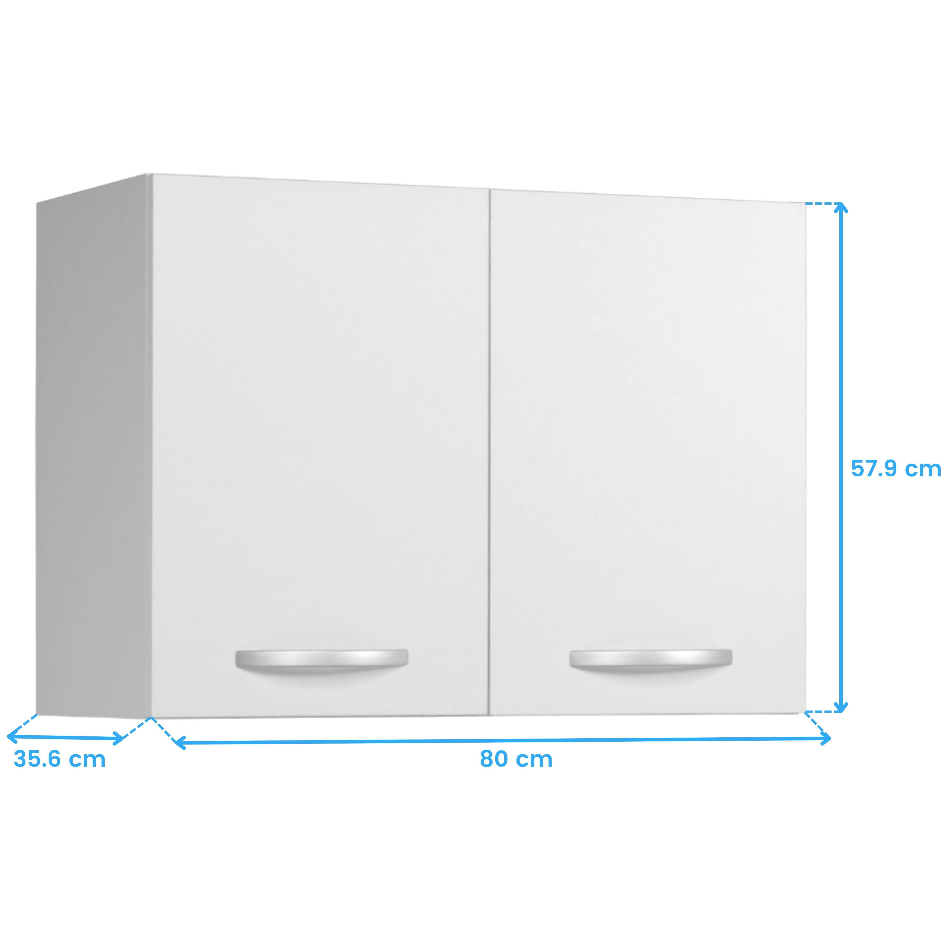 Armario blanco de pared con dos puertas y tiradores plateados.
