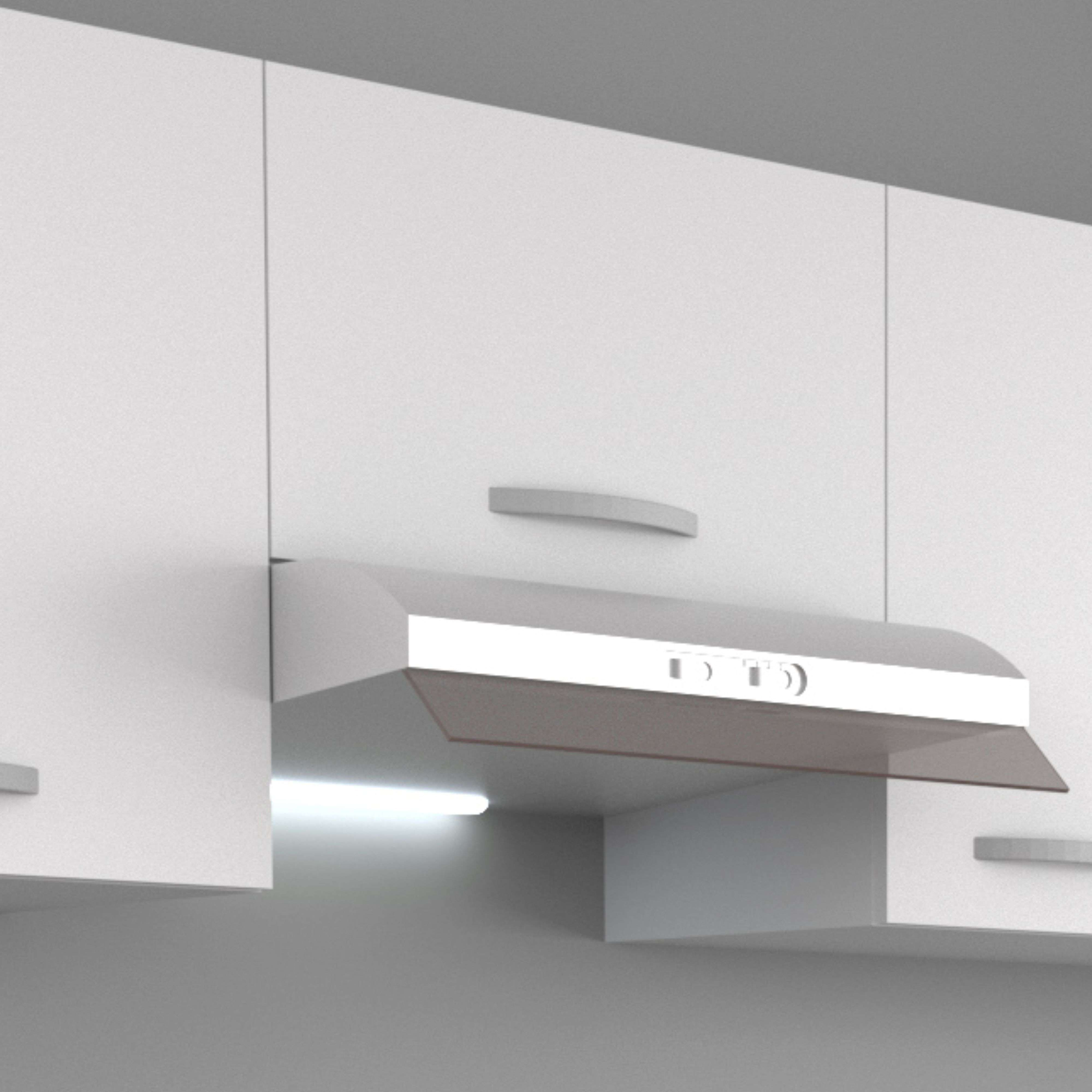 Una campana extractora de cocina moderna de metal sobre una encimera.