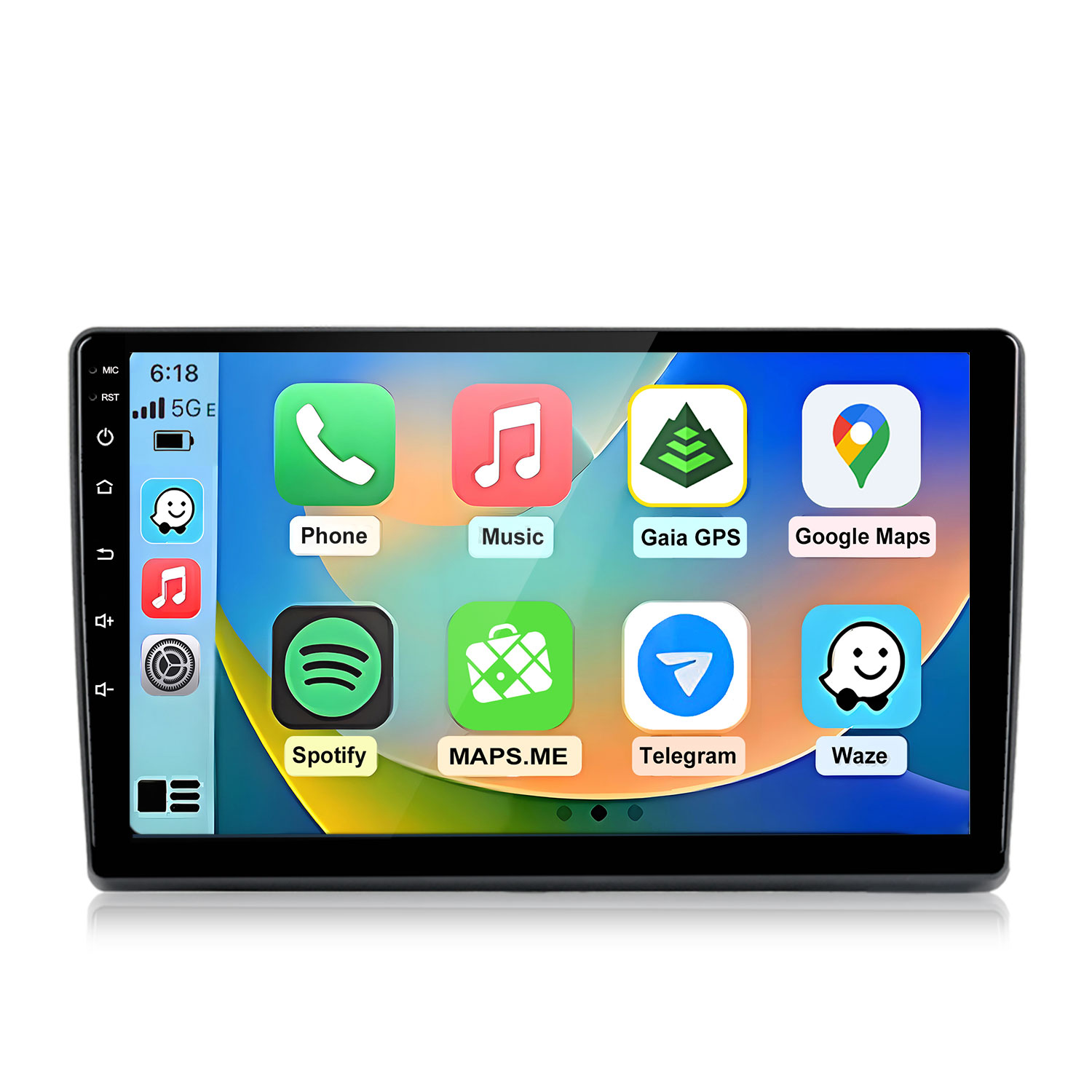 Ein Autoradio-Bildschirm mit App-Symbolen: Telefon, Musik, Gaia GPS, Google Maps, Spotify, MAPS.ME, Telegram, Waze.