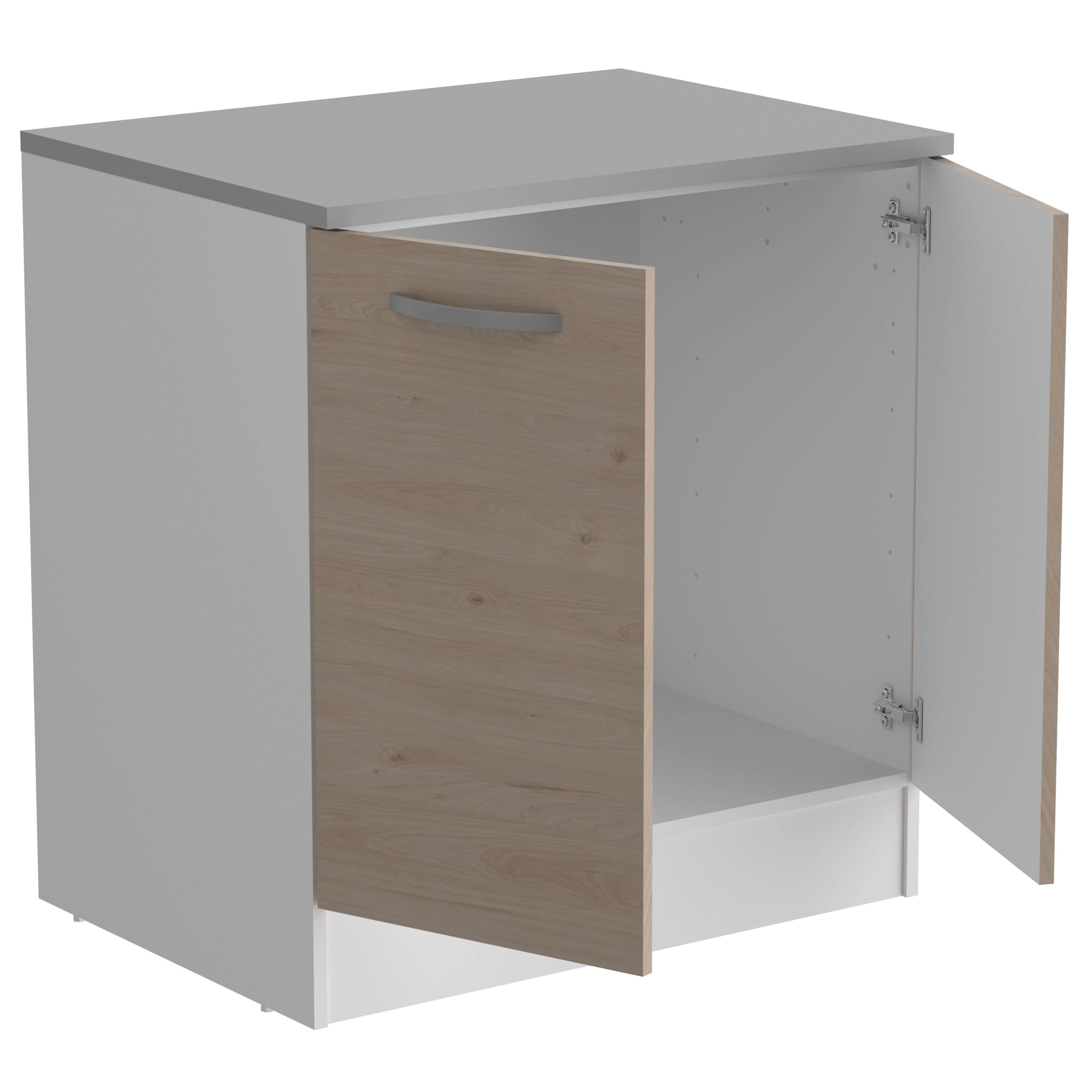Un mueble bajo blanco con una puerta de aspecto madera y un cajón.