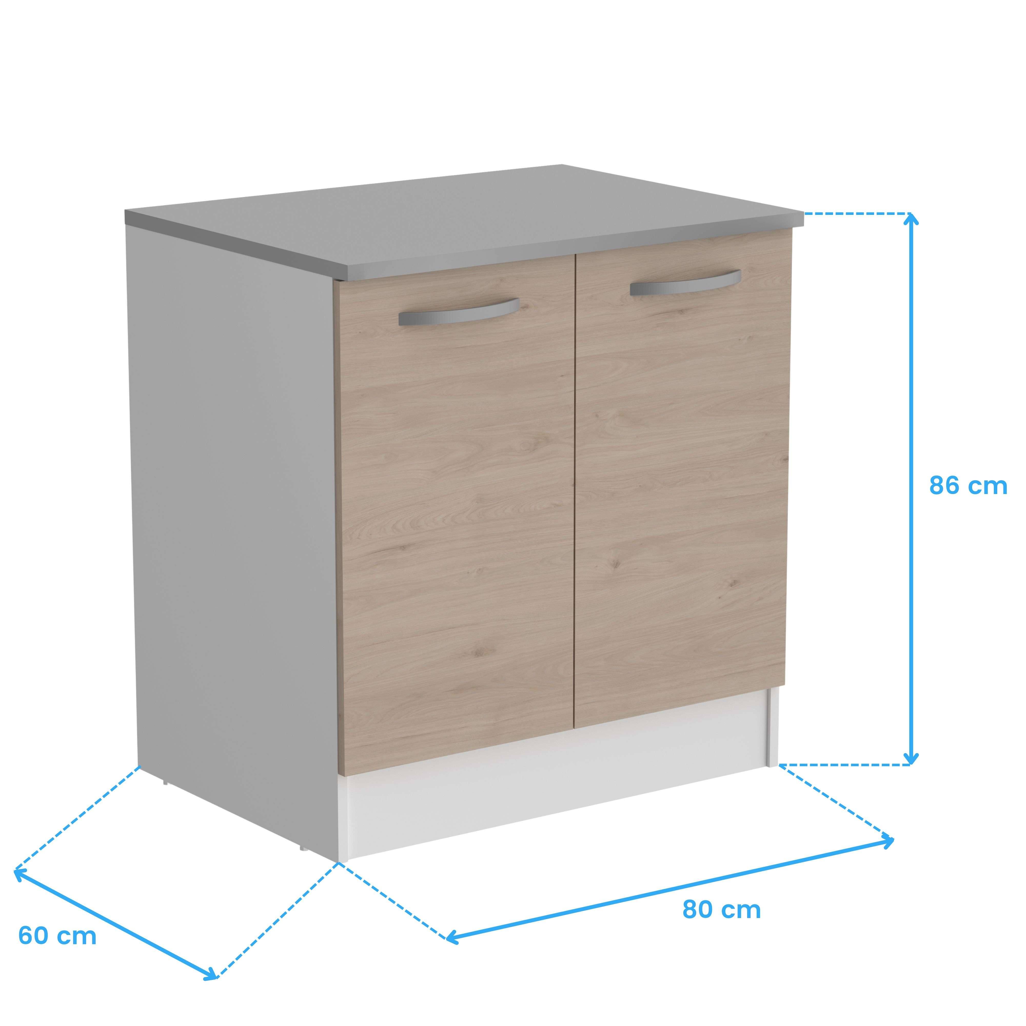 Un armario de dos puertas con frente de imitación madera y tapa gris.