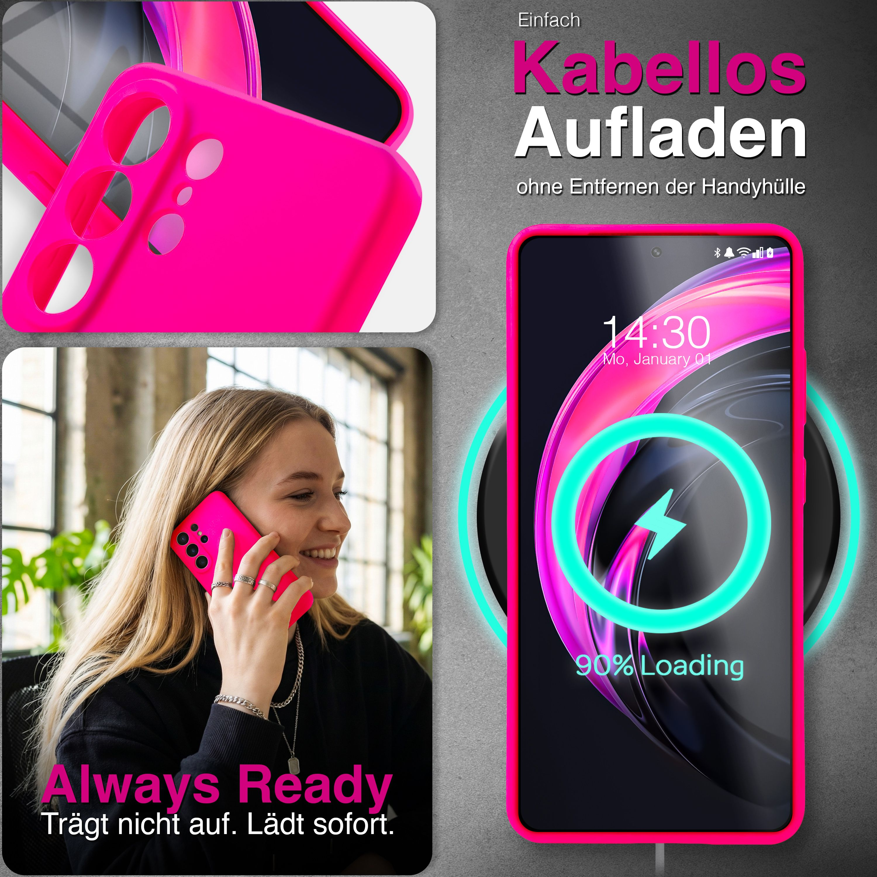 Eine Frau telefoniert mit einem pinken Handy. Das Handy wird kabellos geladen.
