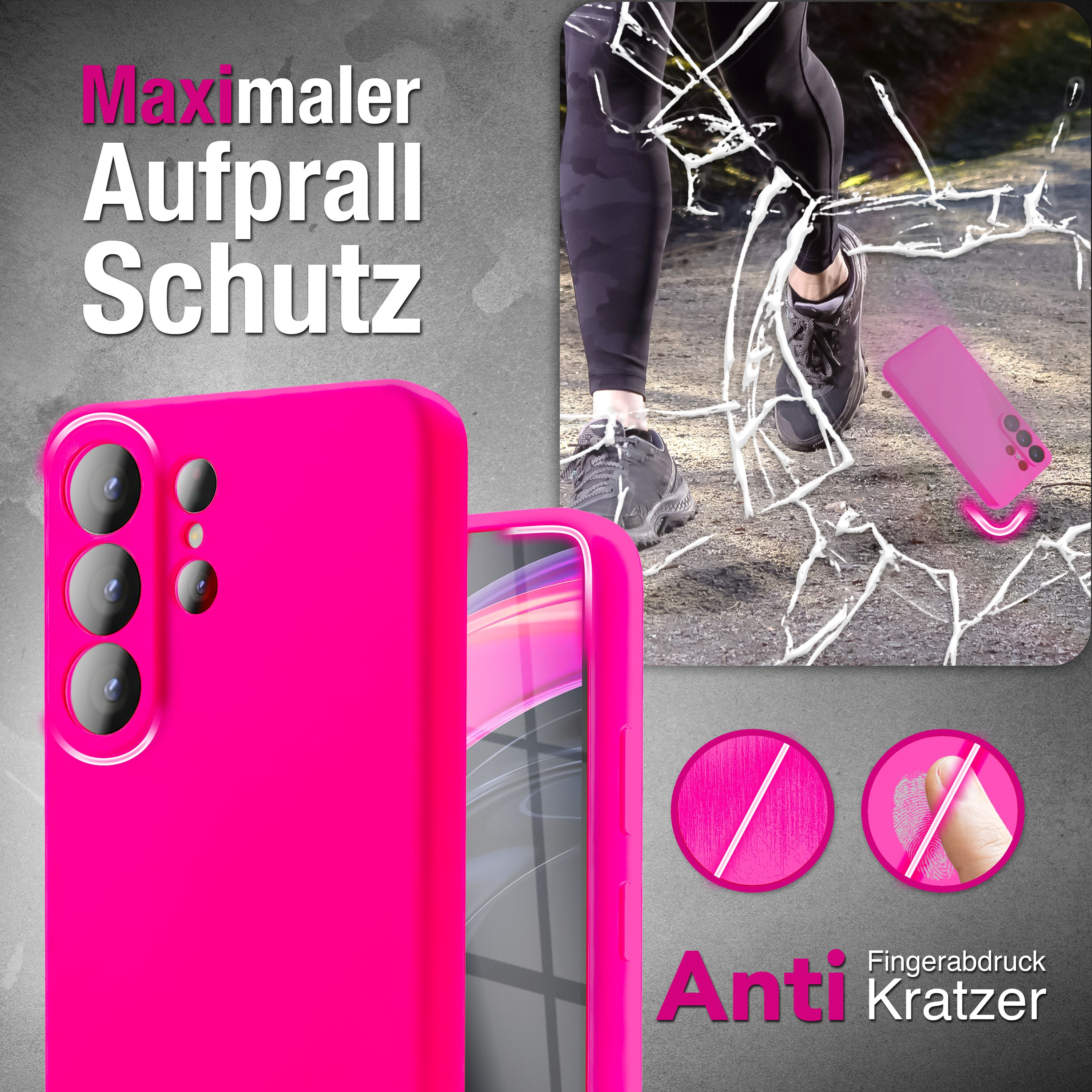 Ein pinkes Handycover wird neben einem Bein in Laufhose gezeigt.