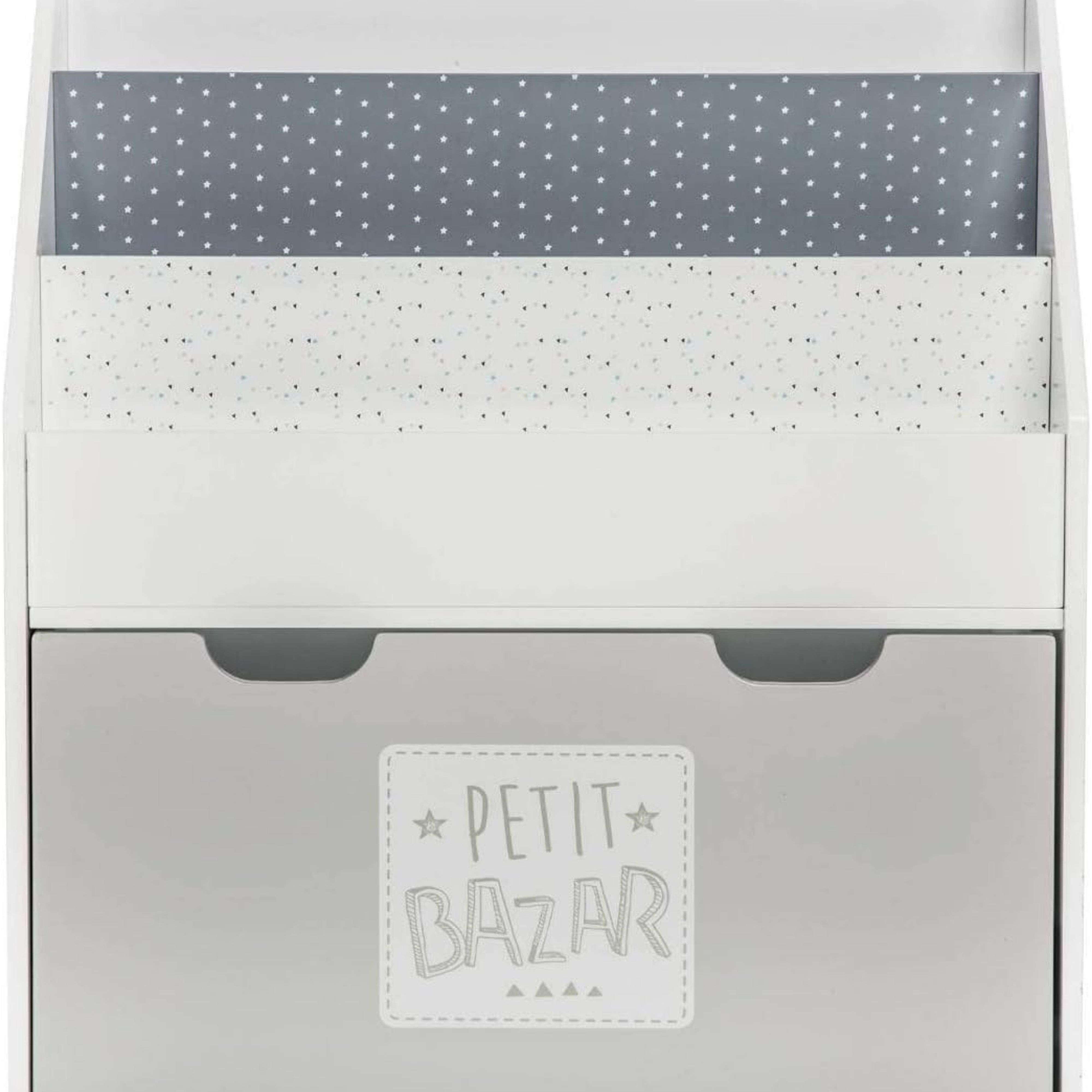 Organizador blanco con estampado de estrellas y cajón con texto. Caben en cualquier habitación.