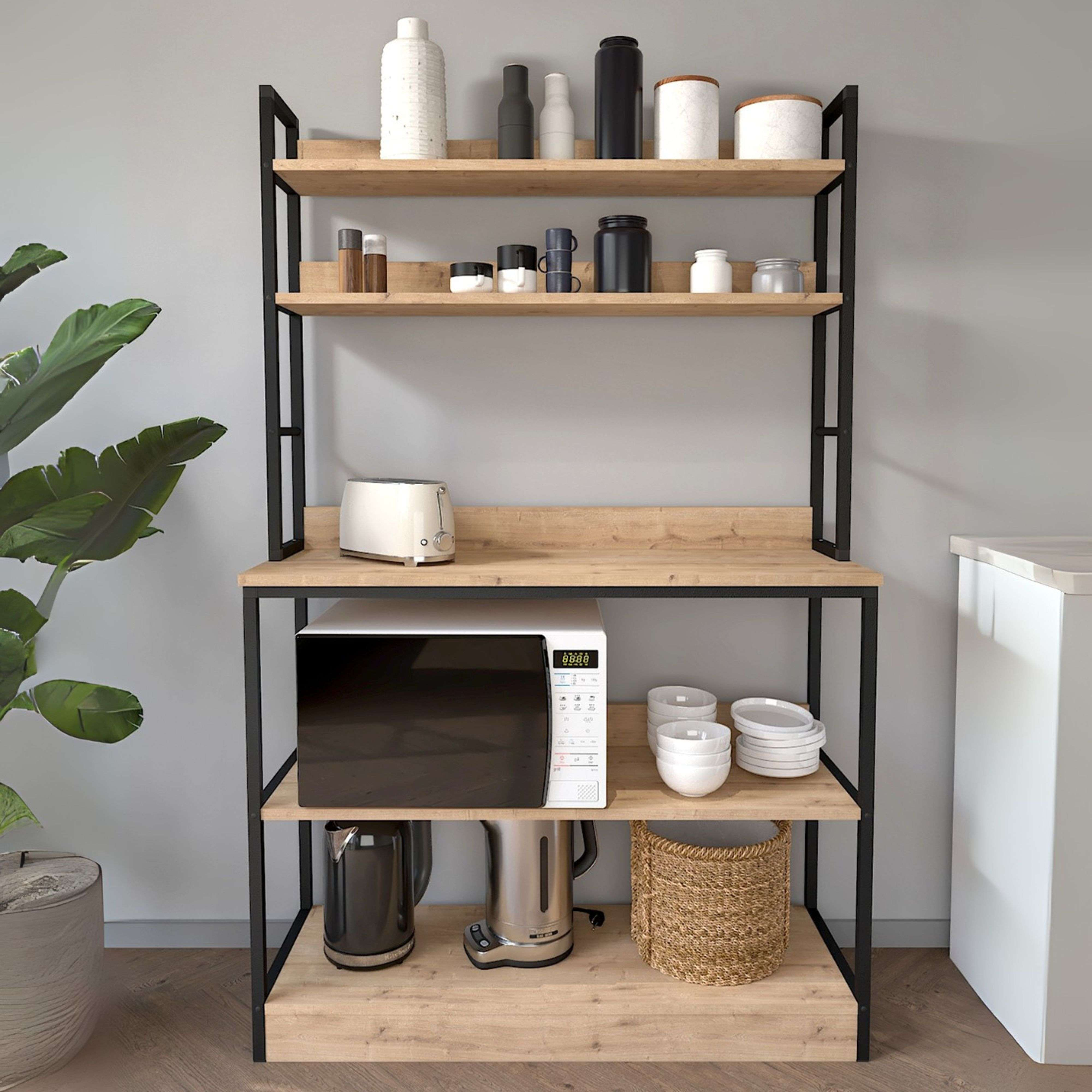 Estantería de cocina con electrodomésticos y recipientes, junto a una planta.