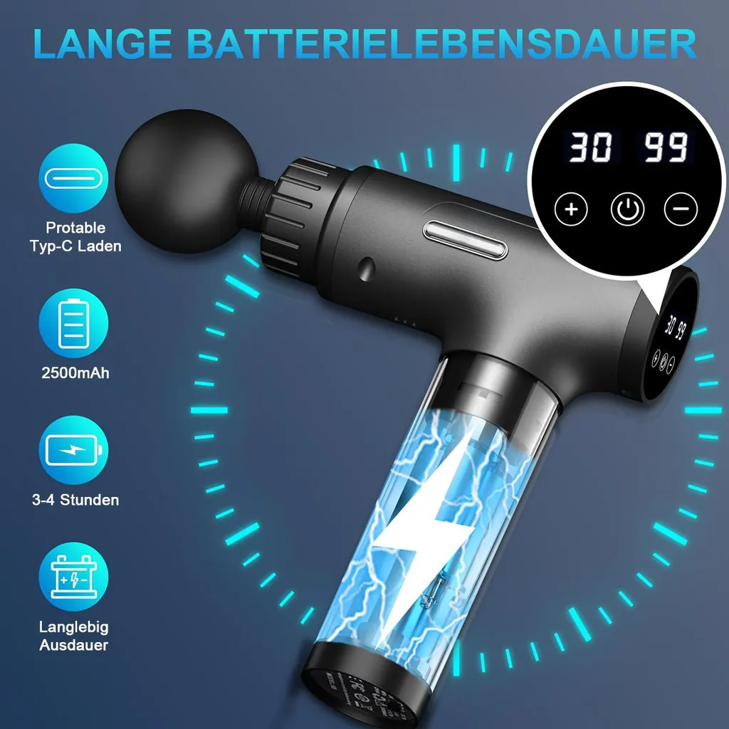 Schwarzes Massagegerät mit digitaler Anzeige, Typ-C-Ladefunktion, 2500mAh Akku.