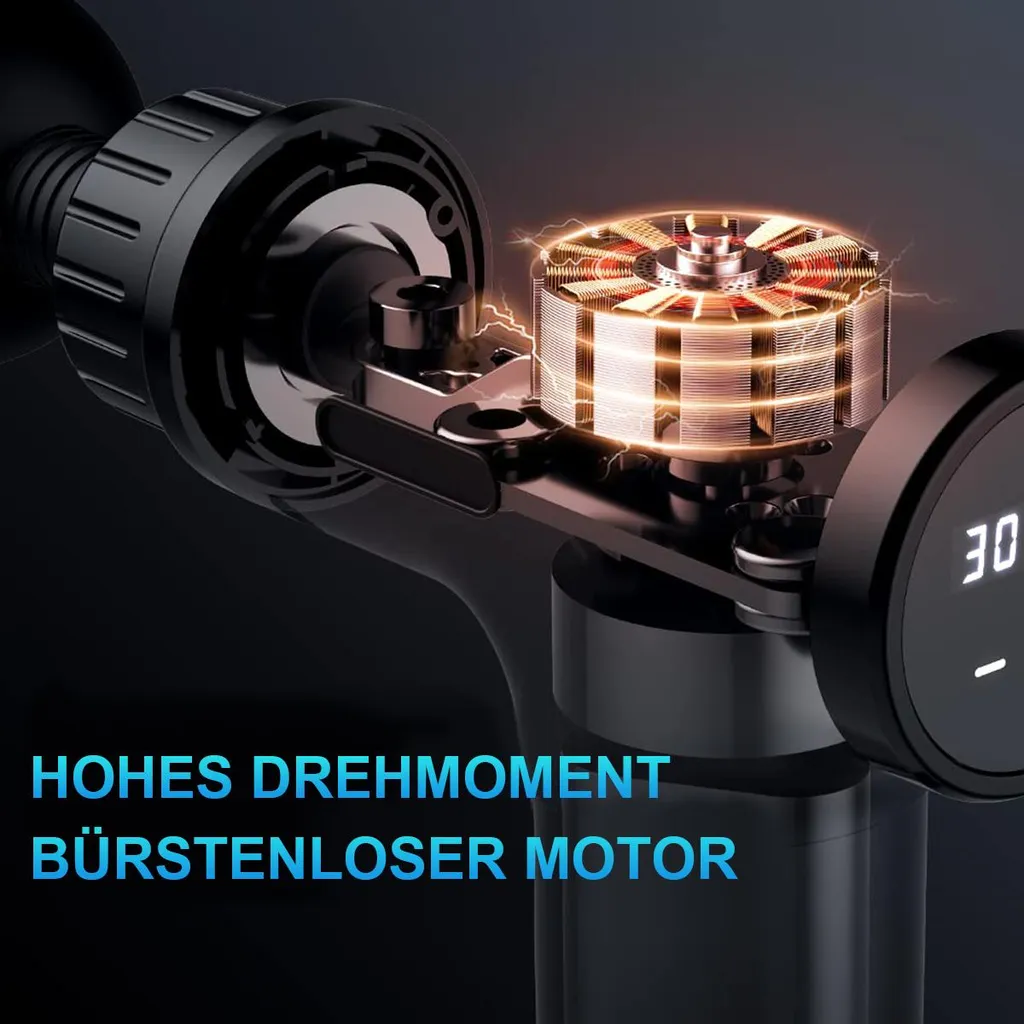 Detailansicht eines bürstenlosen Motors mit leuchtenden Spulen und Blitzen.