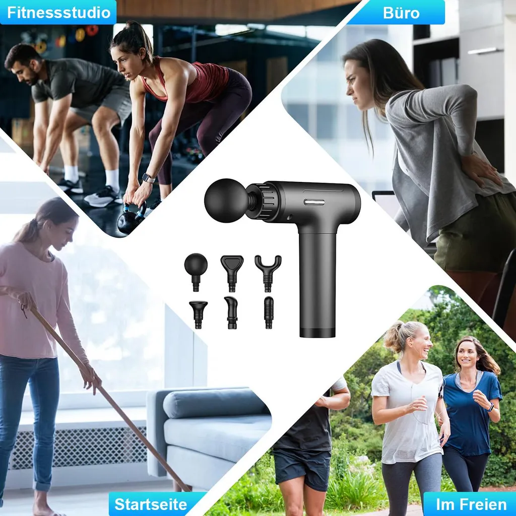 Massagepistole mit Aufsätzen, Fitness, Büro, Hausarbeit, Laufen.