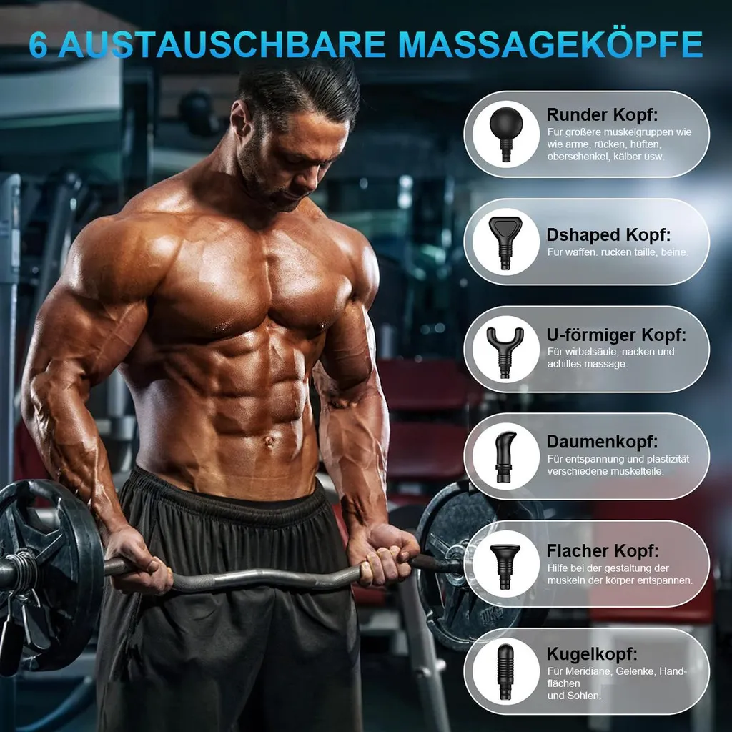 Muskulöser Mann hebt eine Langhantel, daneben 6 Massageköpfe mit Beschriftungen.