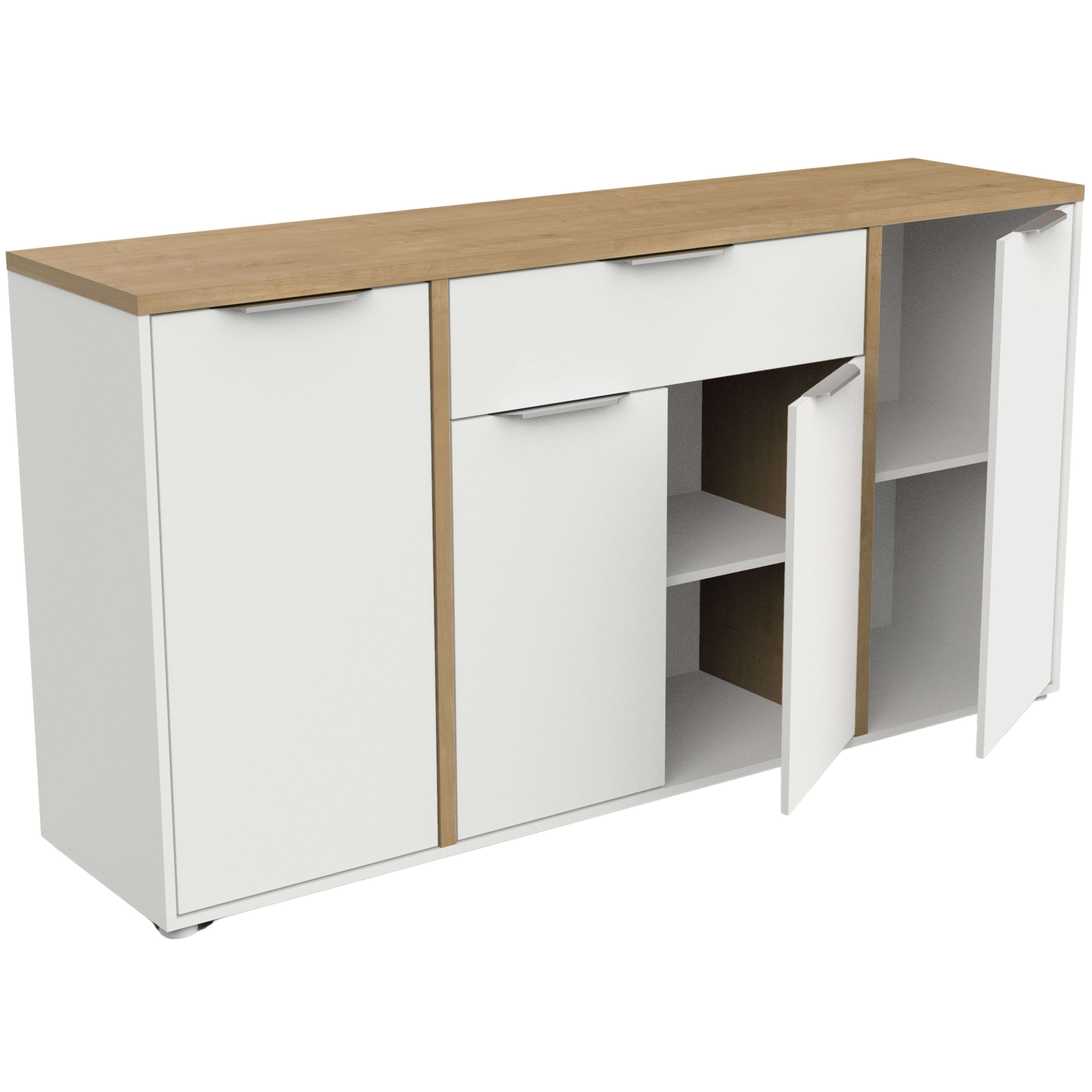Un aparador blanco con tapa de madera, una puerta abierta y cajones.