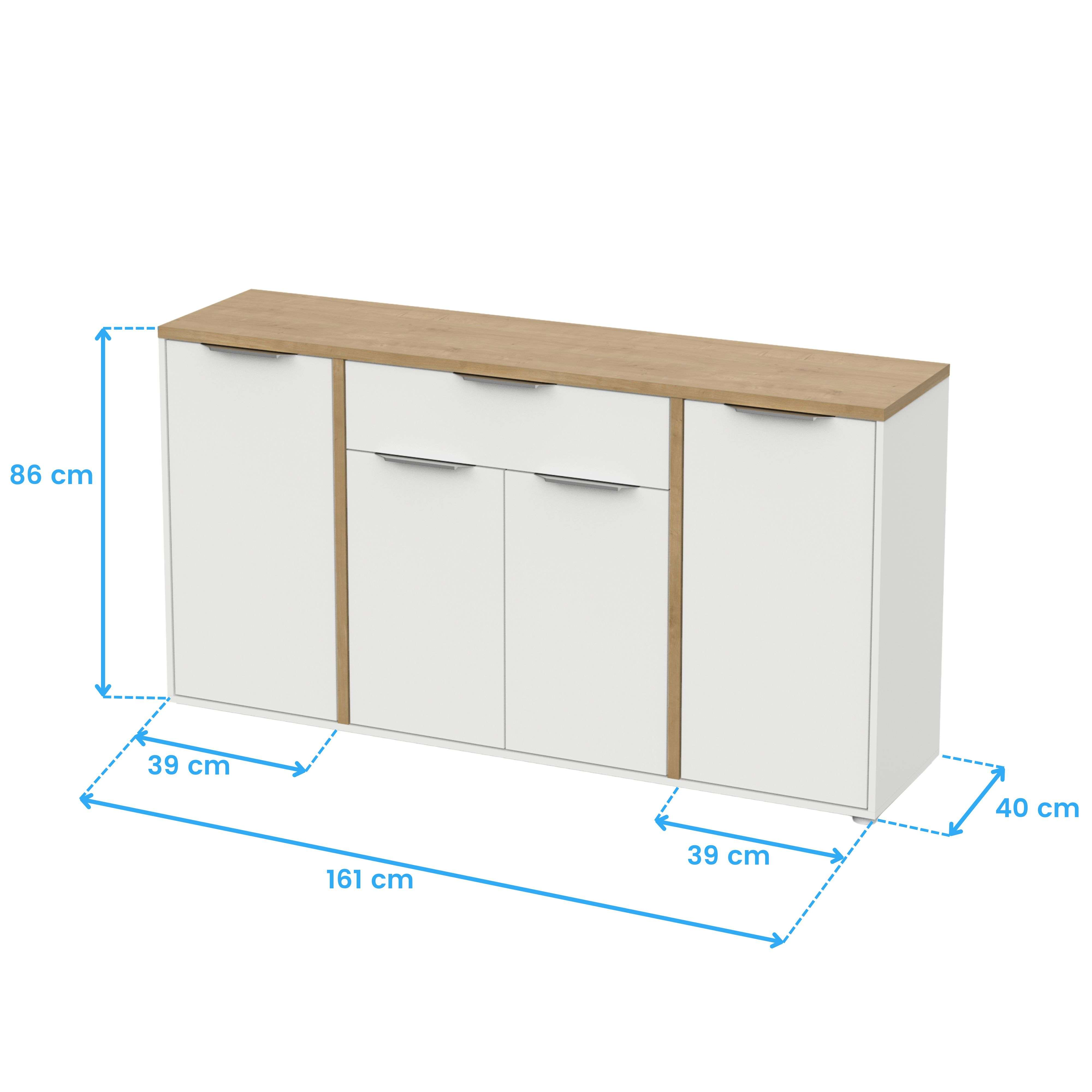Un armario blanco con tapa de madera, se muestran las dimensiones.