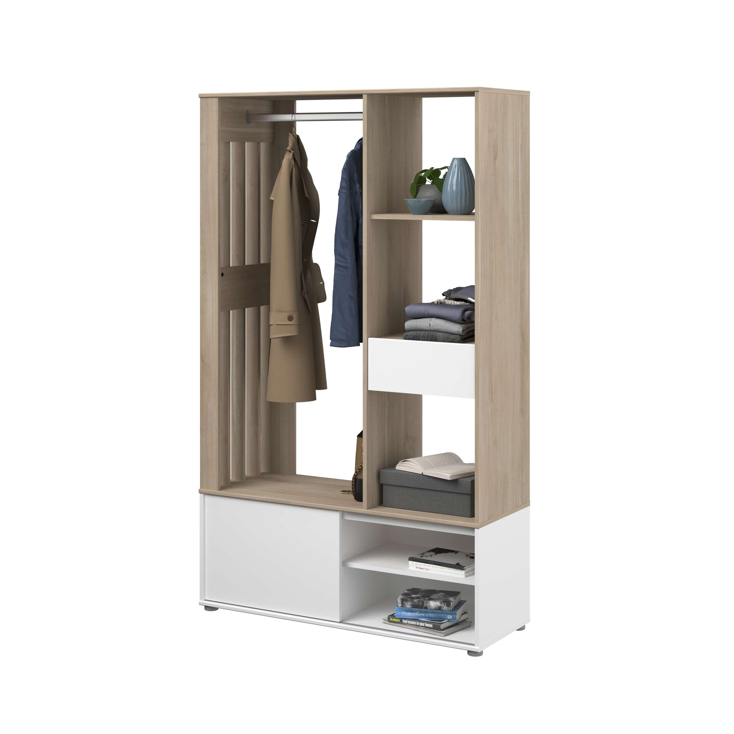 Un mueble de recibidor blanco y madera clara con barra de ropa, estantes y cajones.