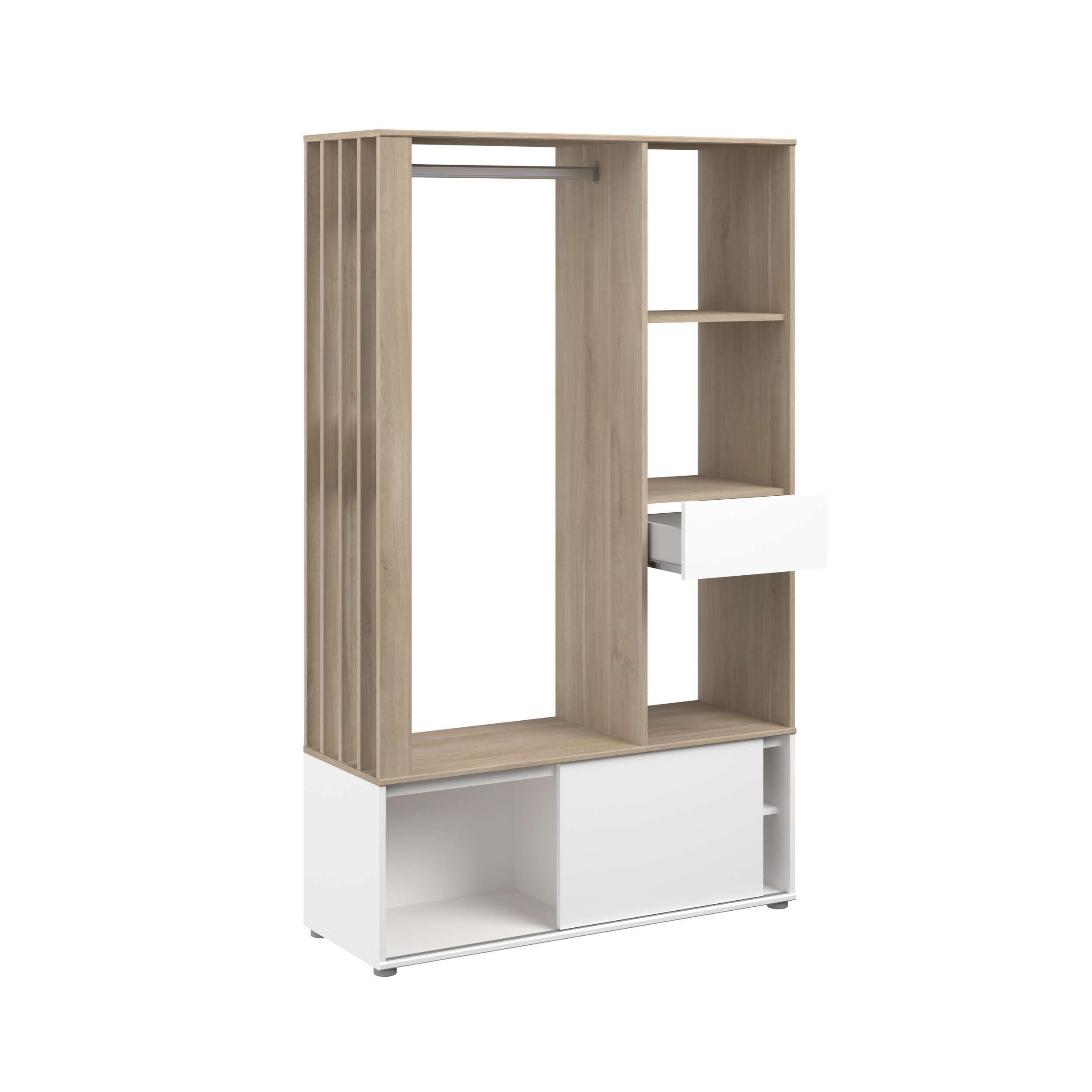 Un mueble de estanterías abierto con barra para ropa, acabado en madera y elementos blancos.