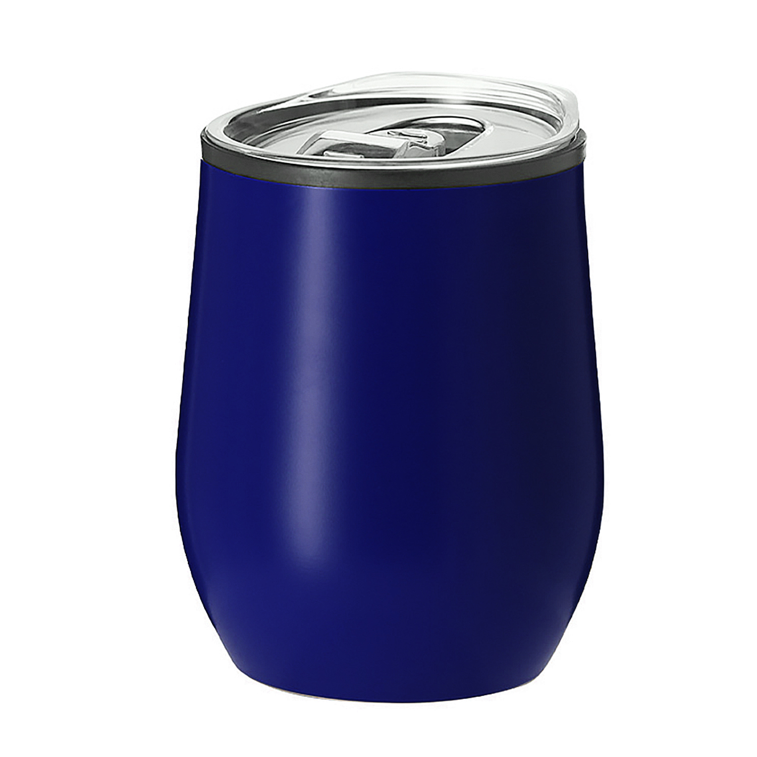 Ein tiefblauer Becher mit silbernem Deckel und Trinköffnung.
