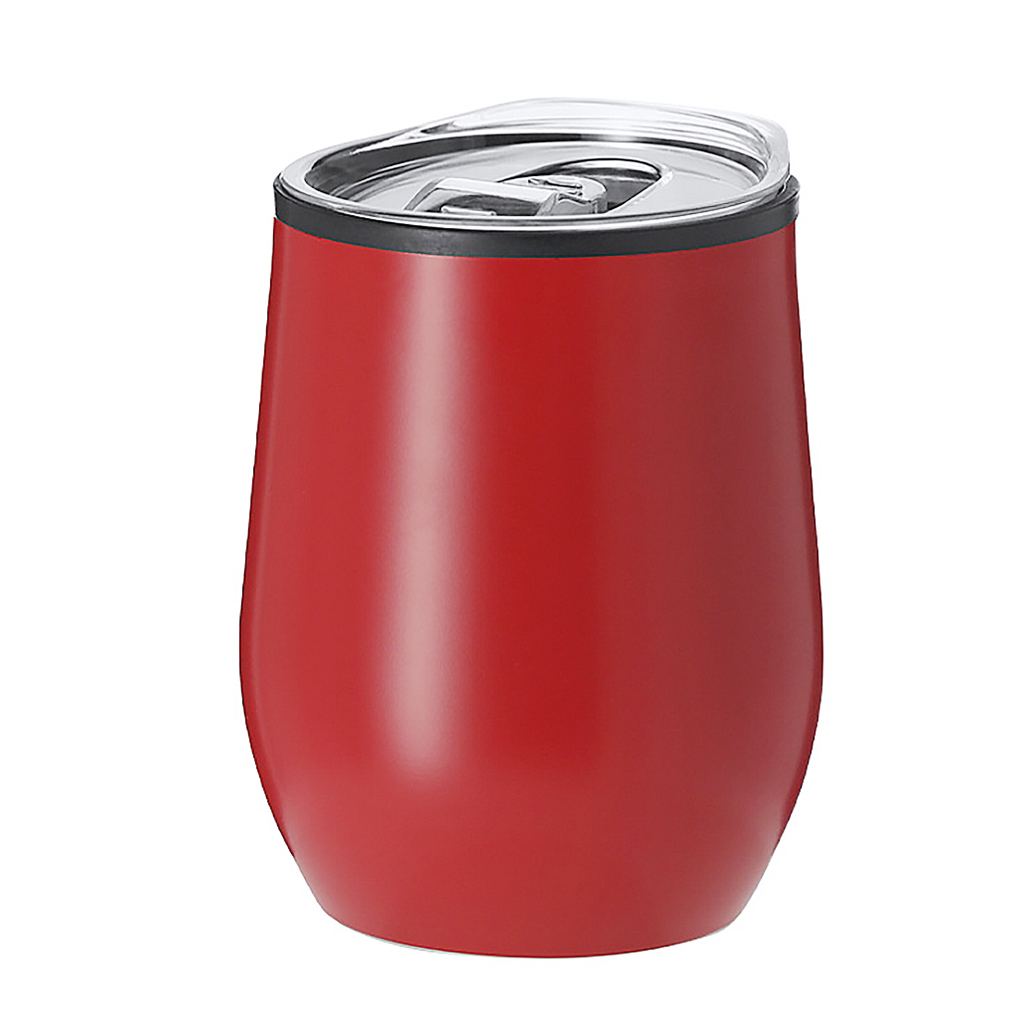 Rote Tasse mit silbernem Deckel, auf weißem Hintergrund.