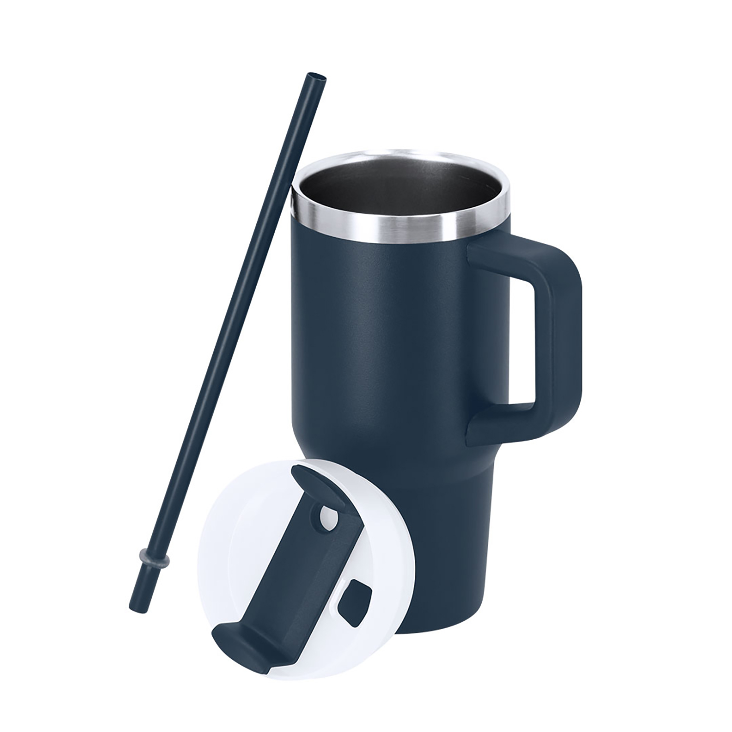 Dunkelblauer Becher mit Griff, Strohhalm und weißem Deckel.