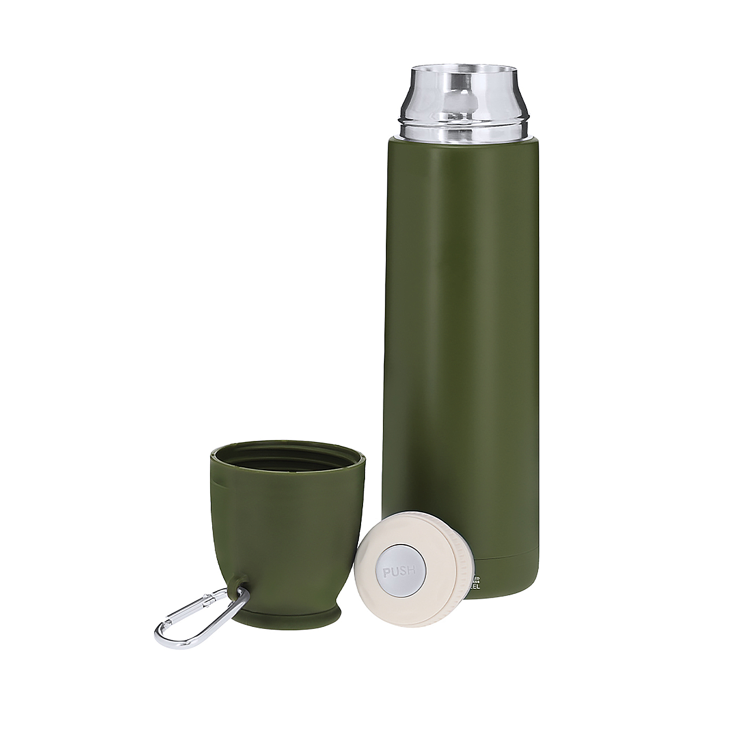 Eine grüne Thermoskanne mit silbernem Verschluss, abnehmbarem Becher und Druckknopfdeckel.