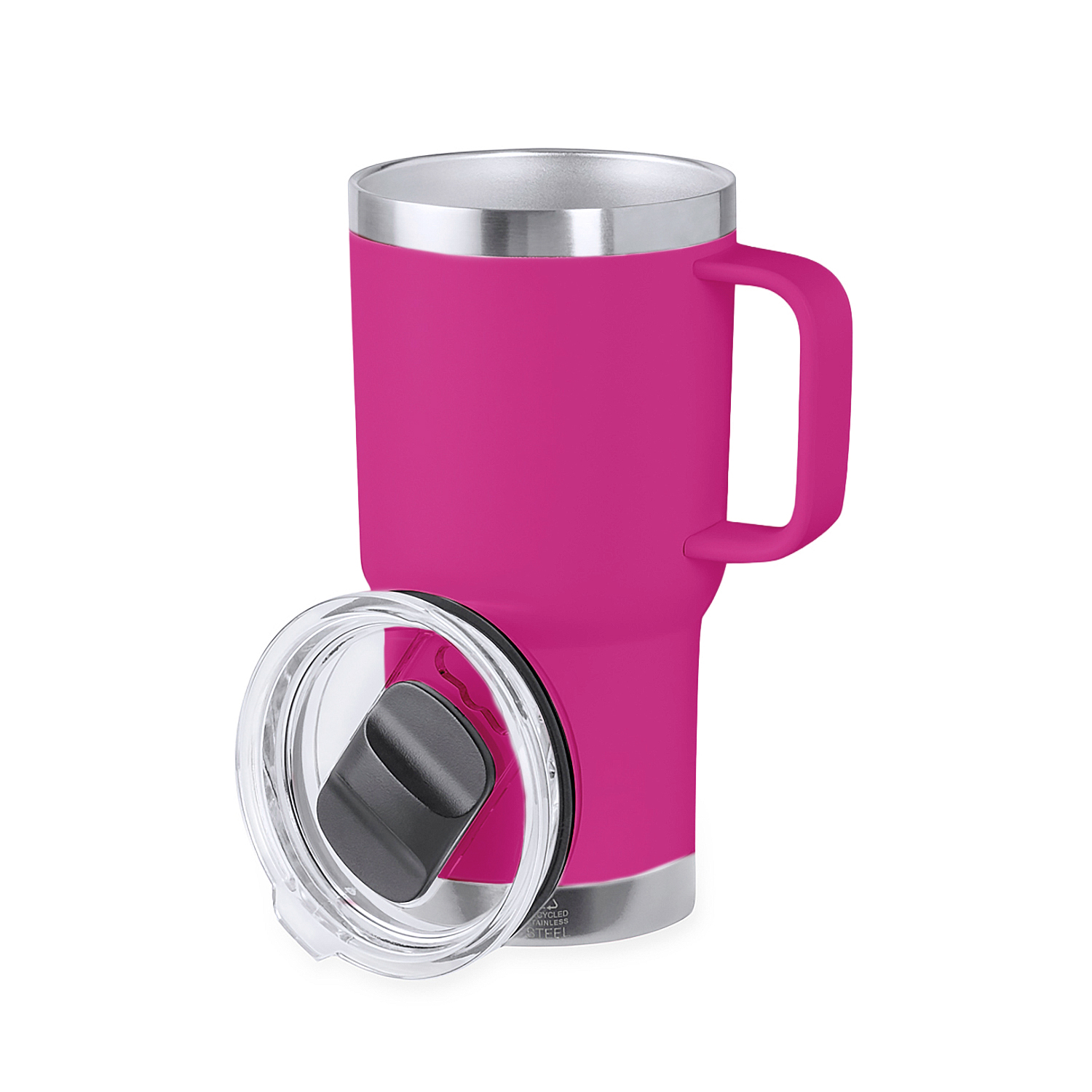 Eine leuchtend pinke Thermoskanne mit silbernem Rand und Griff. Der Deckel liegt daneben.