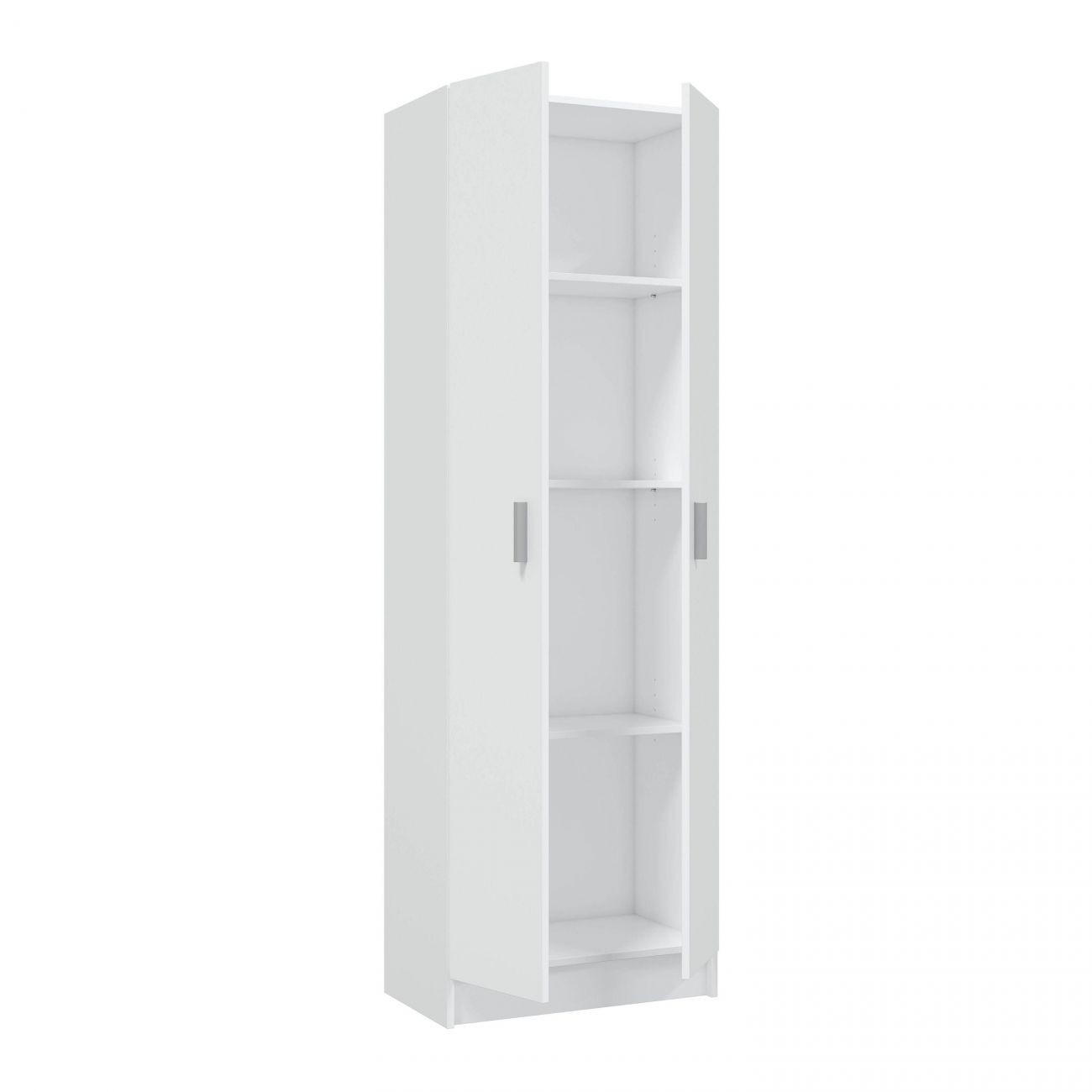 Un armario blanco alto y estrecho con dos puertas abiertas y cuatro estantes.