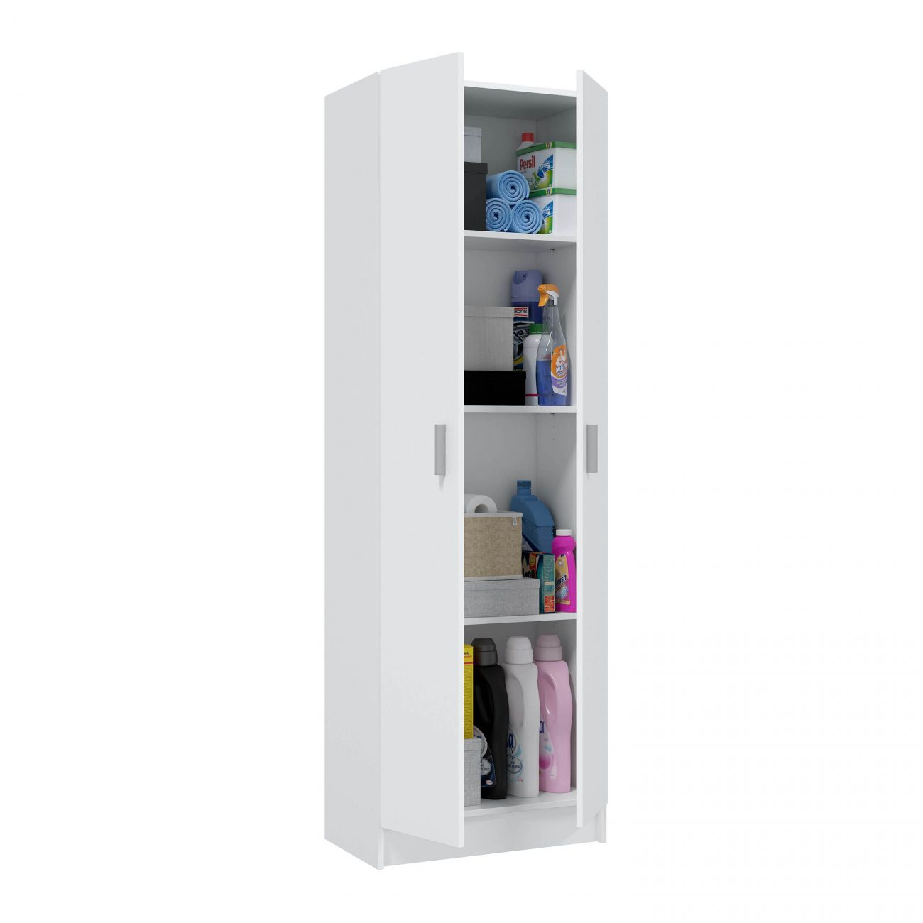 Un armario alto blanco con puertas abiertas, lleno de productos de limpieza y toallas.