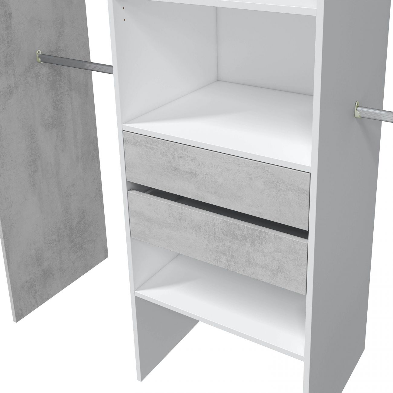 Estantería gris con dos cajones y barra de ropa. Aspecto de hormigón.
