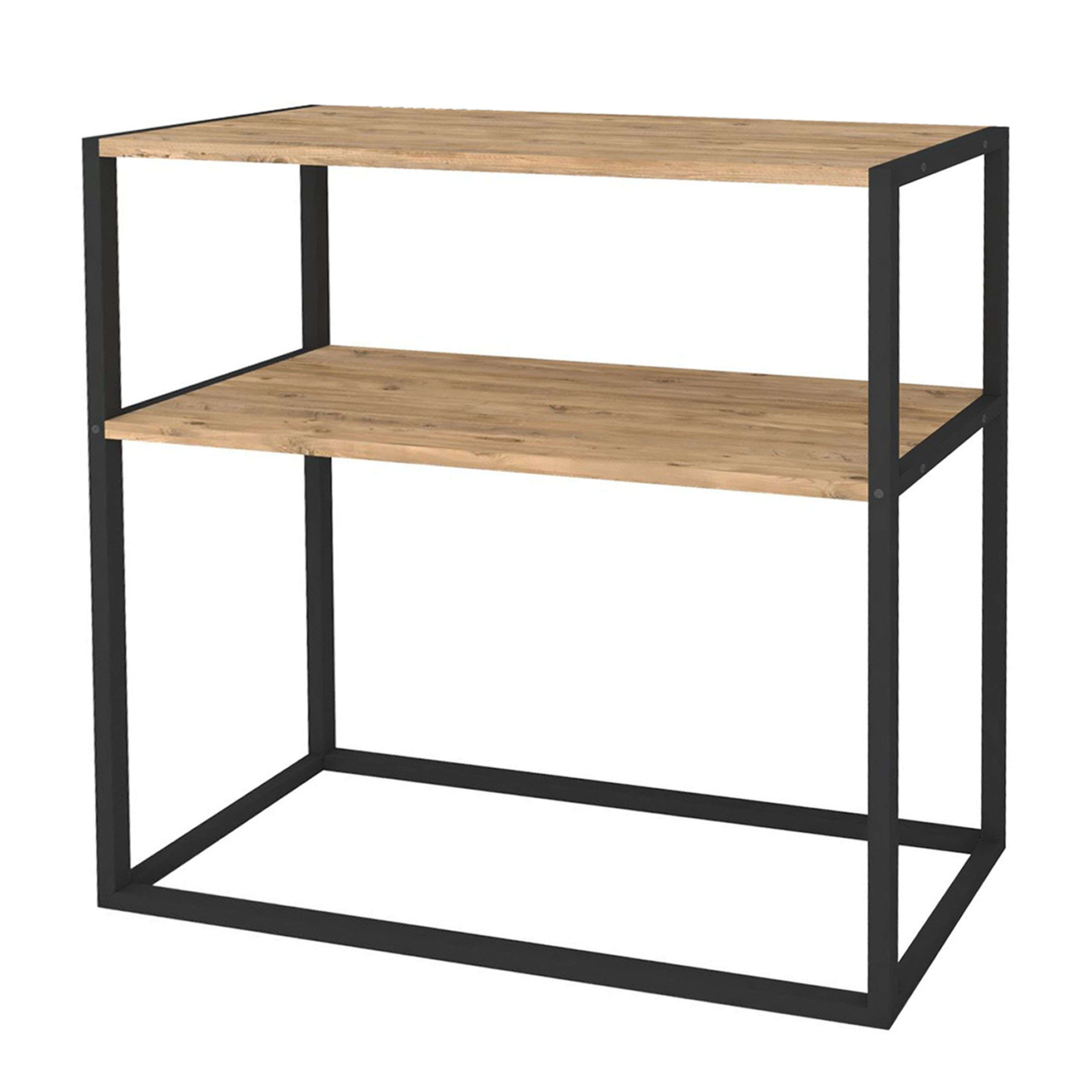 Estantería con dos baldas de madera y marco metálico negro.
