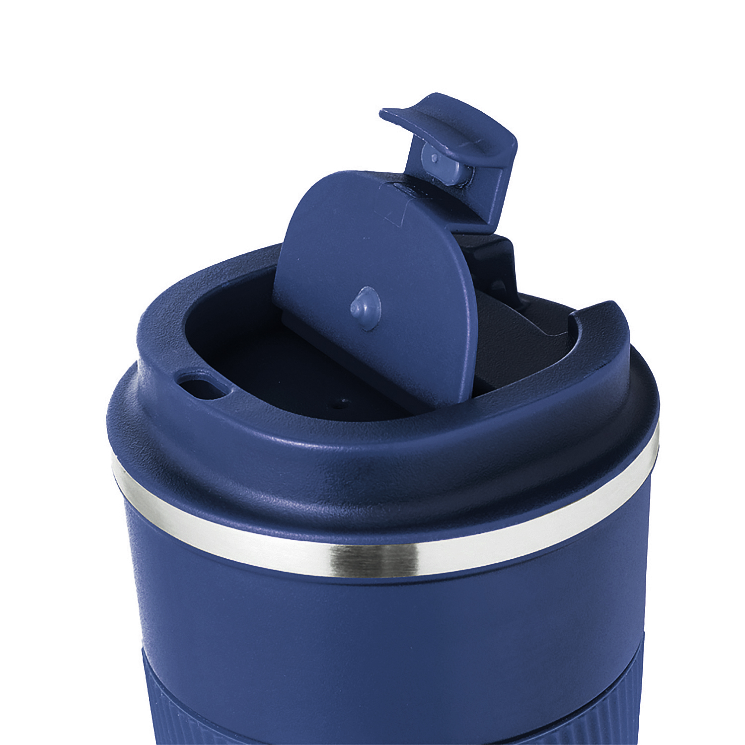 Dunkelblaue Thermotasse mit offenem Deckel und silbernem Ring.