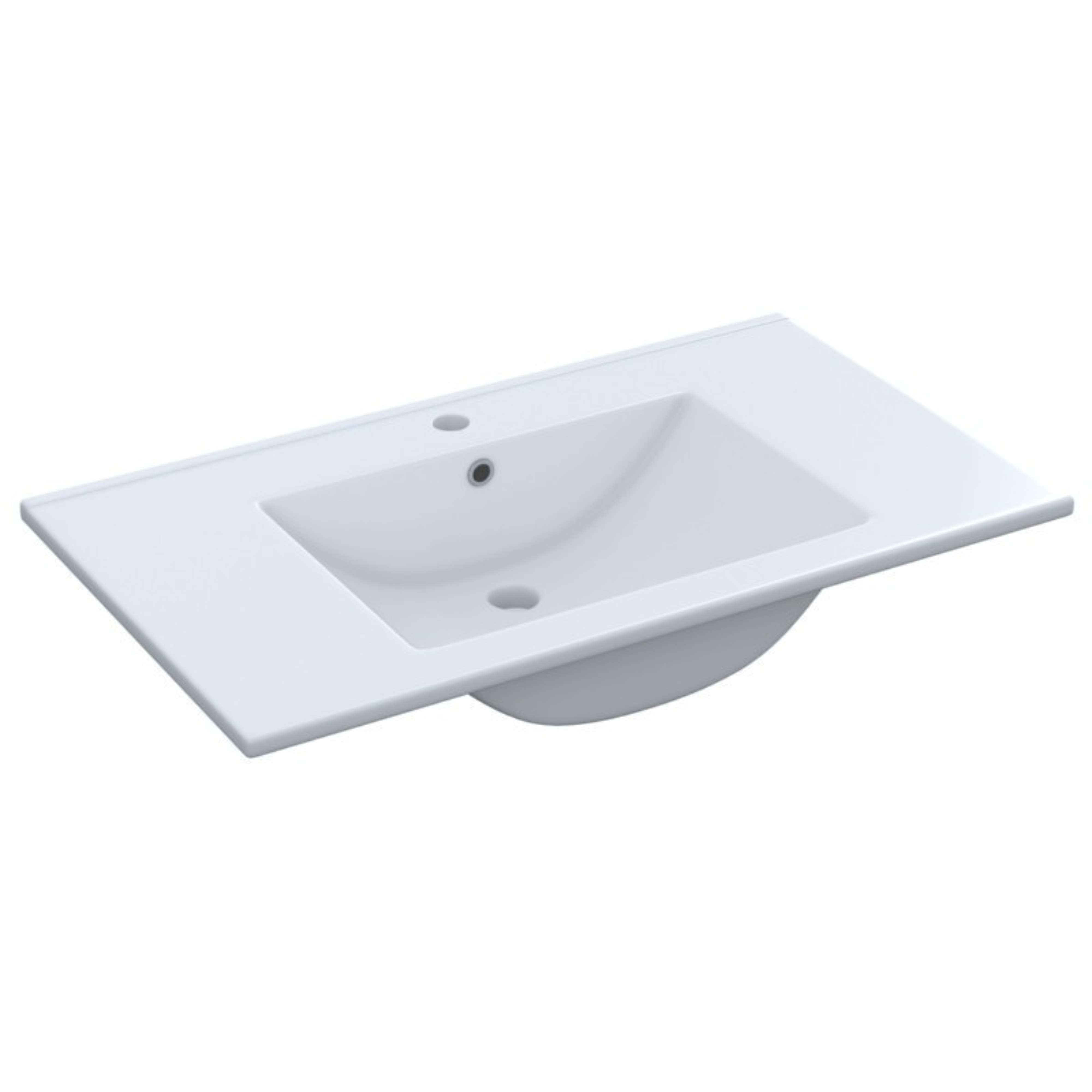 Un lavabo blanco con orificio para grifo y rebosadero.