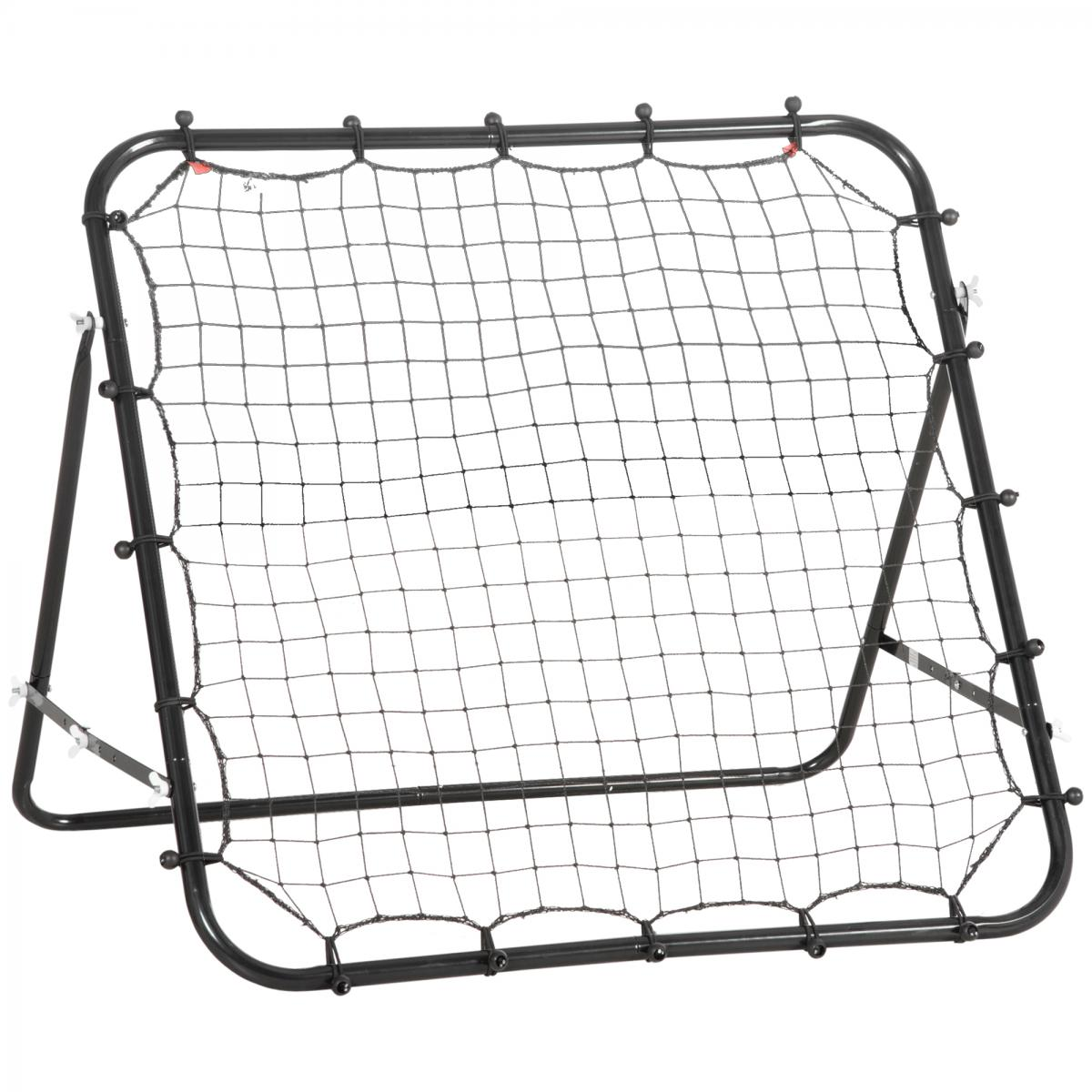 Ein schwarzer Fußball-Rebounder mit Netz auf weißem Hintergrund.