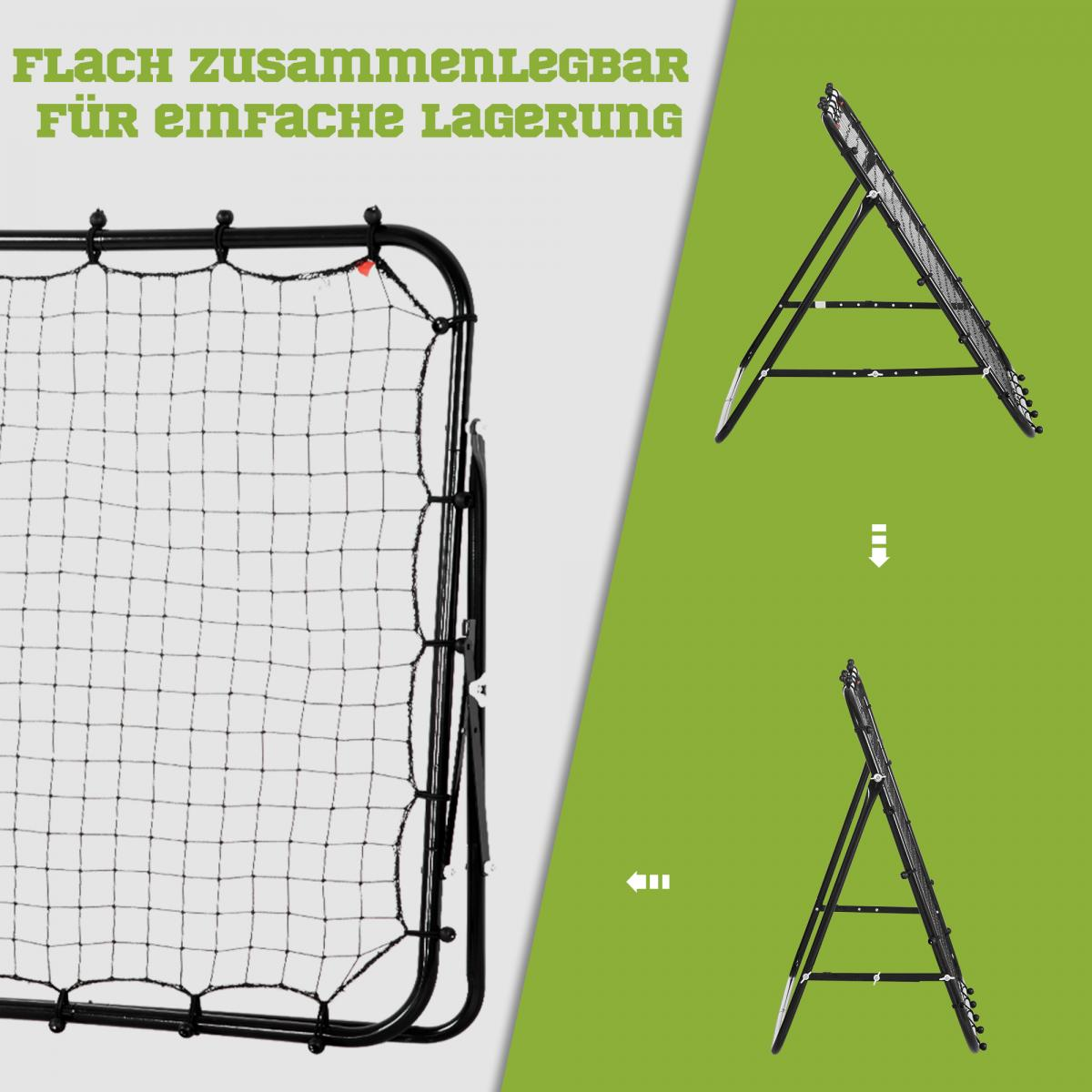 Ein schwarzer Fußball-Trainingsnetz auf der linken Seite und ein zusammenklappbares Netzgestell auf der rechten Seite.