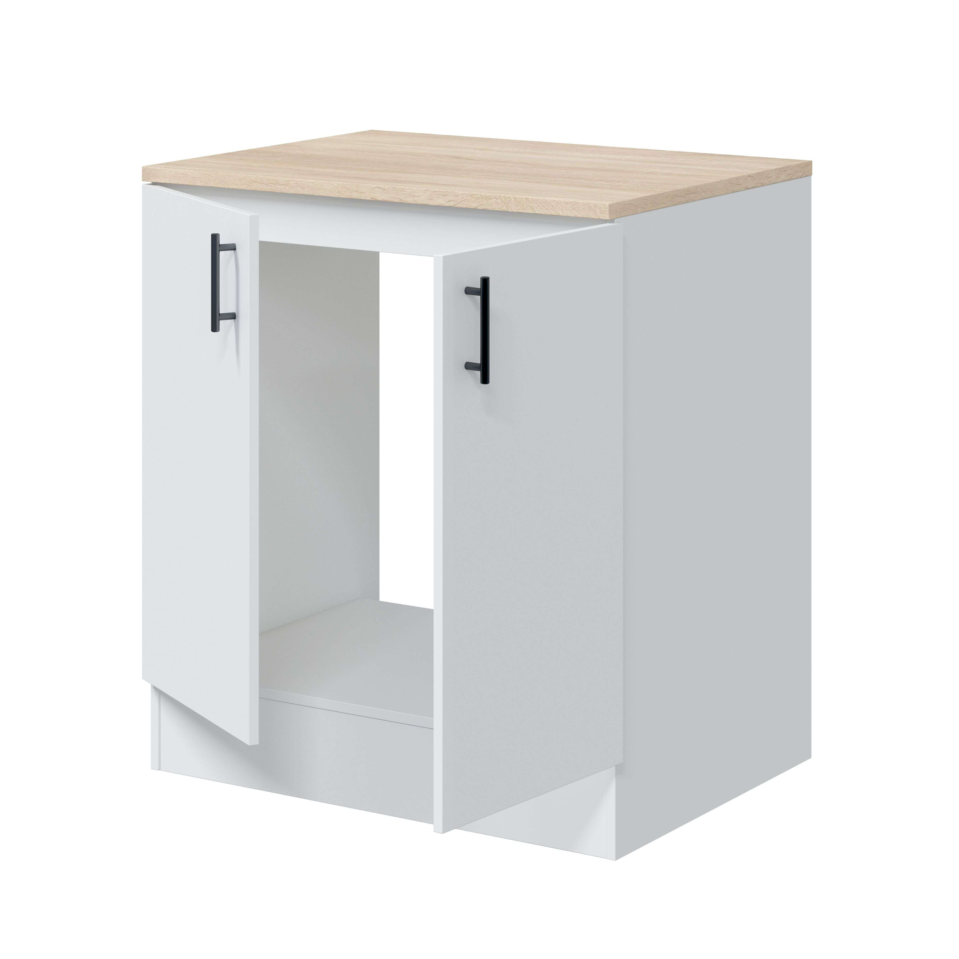 Un mueble bajo blanco con tapa efecto madera y tiradores negros.