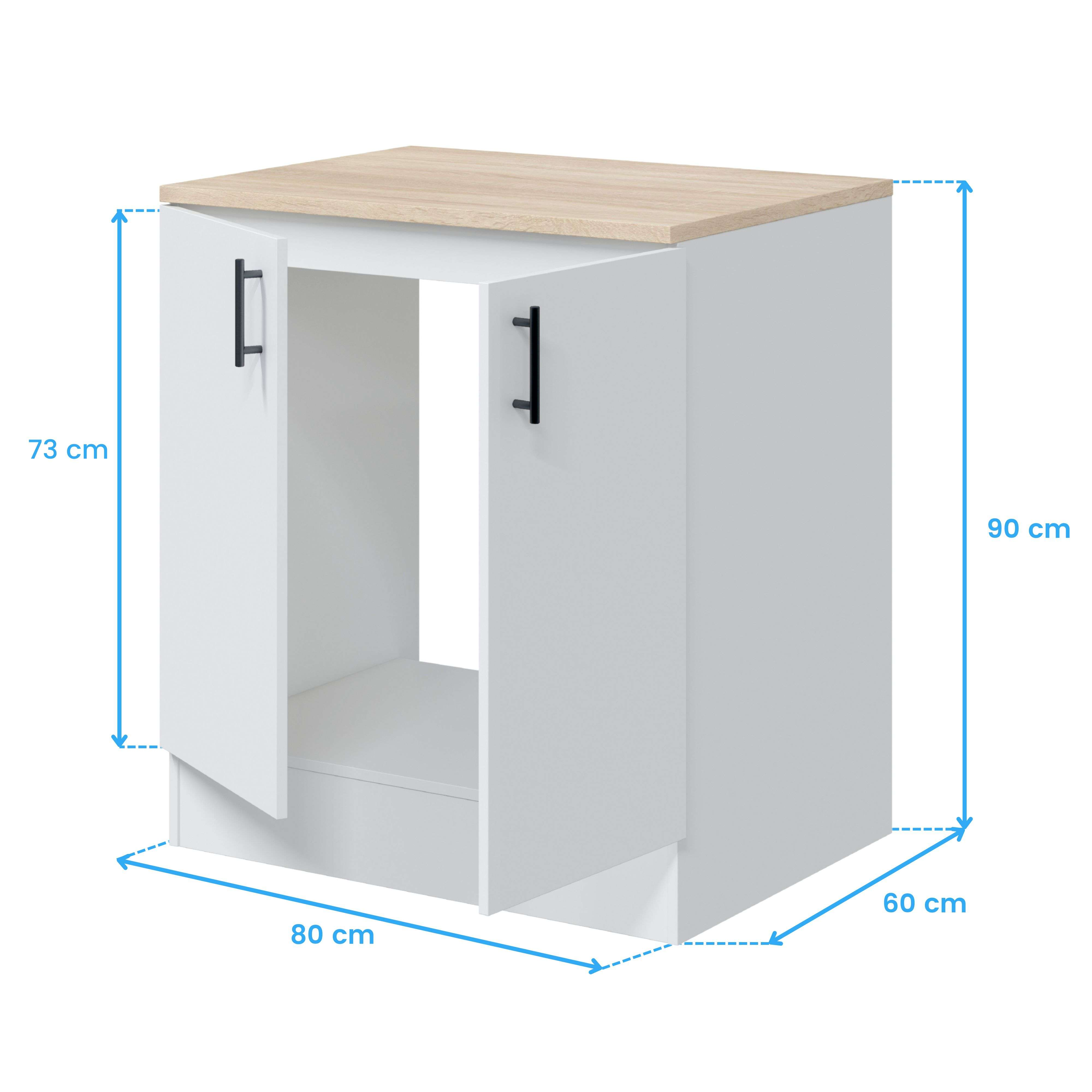 Unidad de cocina blanca con tapa de madera, 80x60x90cm. Dos puertas con tiradores negros.