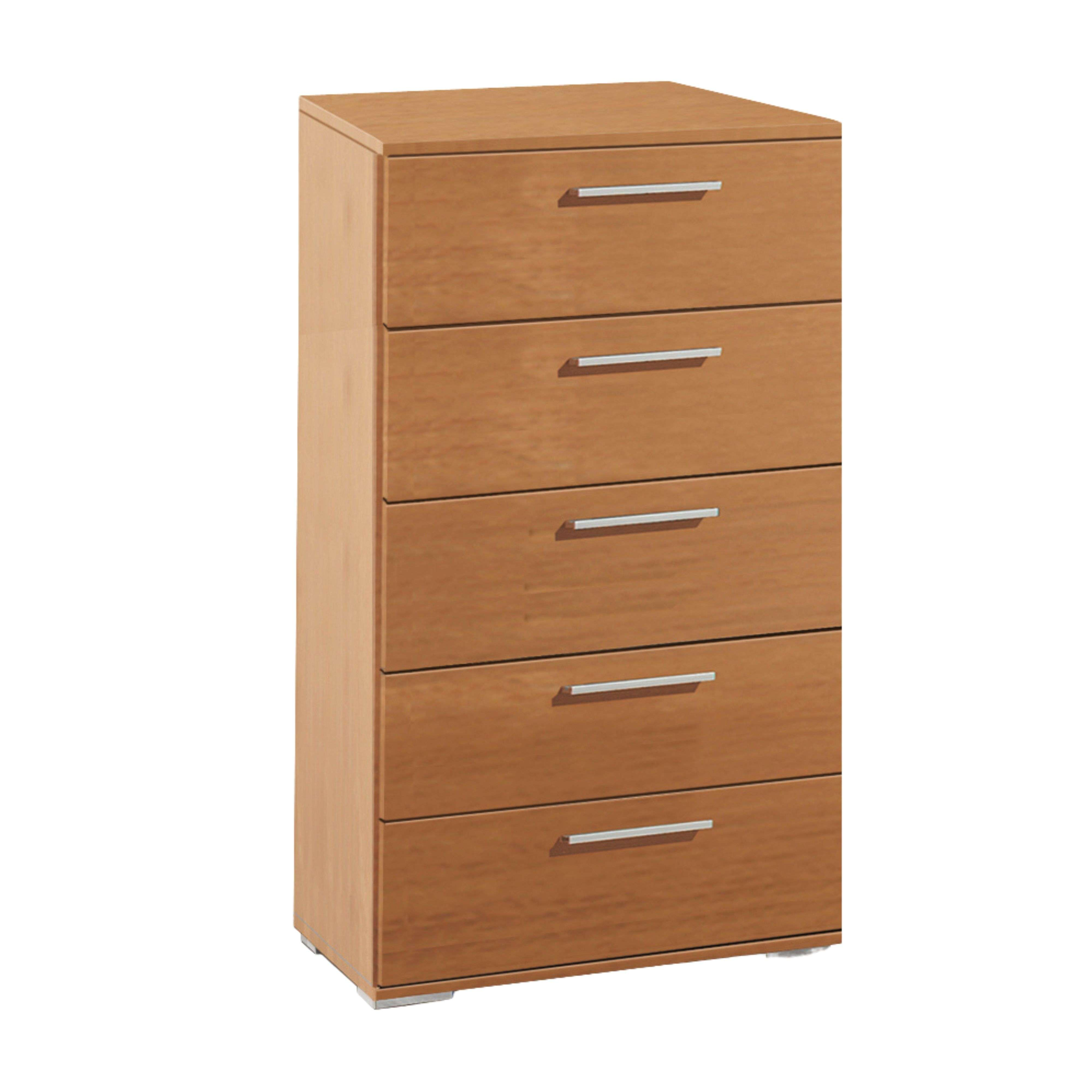 Una cómoda de madera con cinco cajones y tiradores plateados.