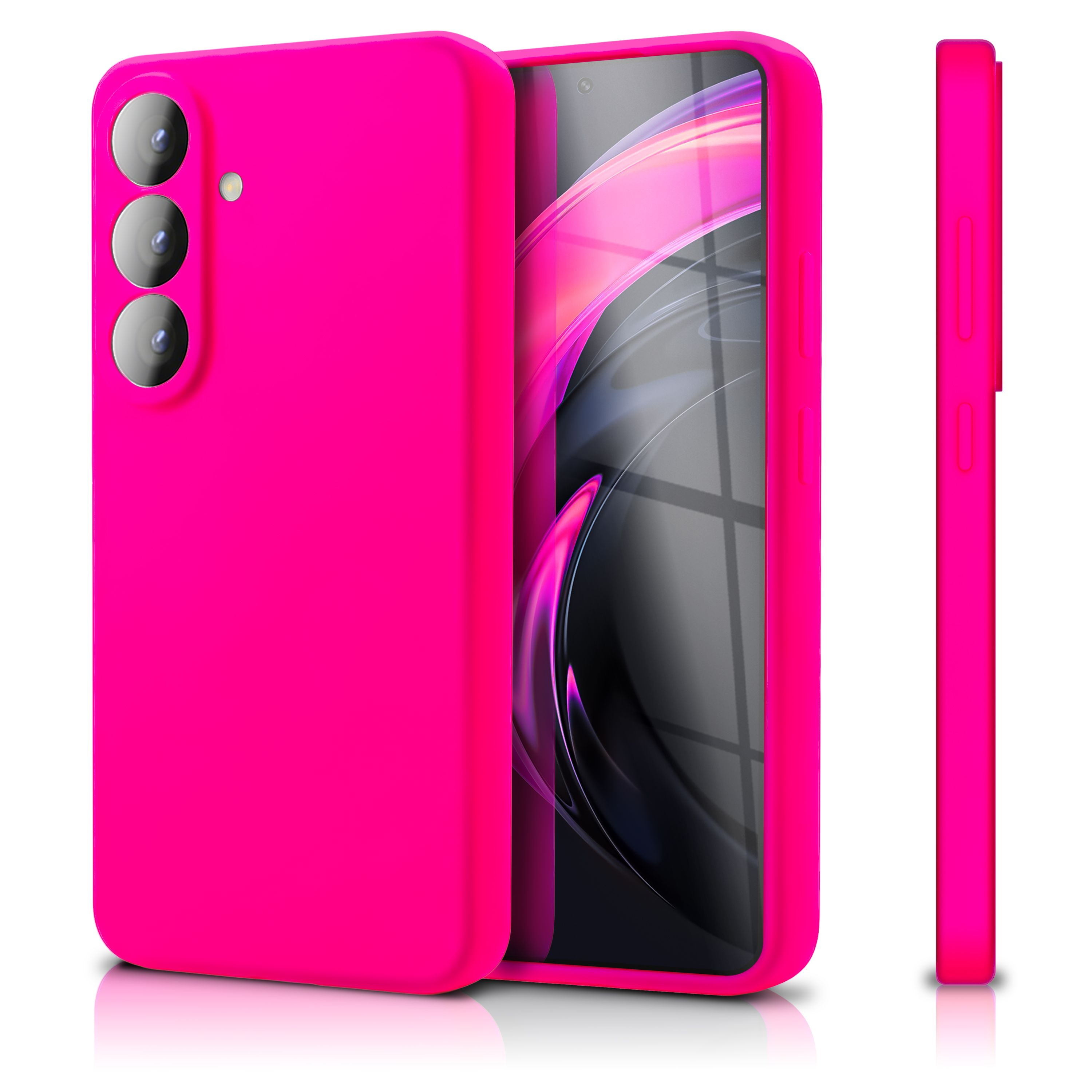 Drei Ansichten eines knallpinken Smartphone-Schutzcovers auf weißem Hintergrund.