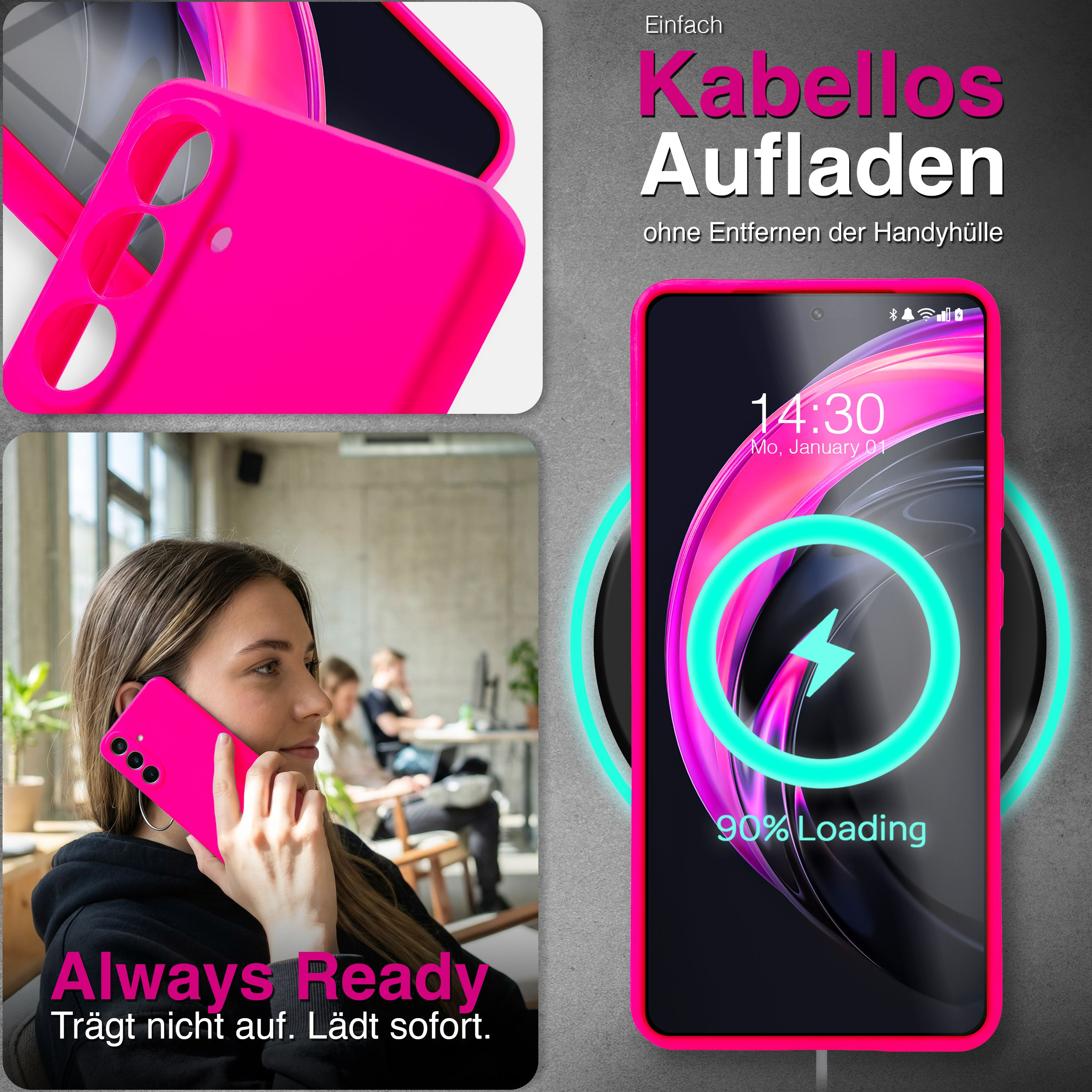 Ein pinkes Handy wird kabellos geladen. Eine Frau hält ein Handy.
