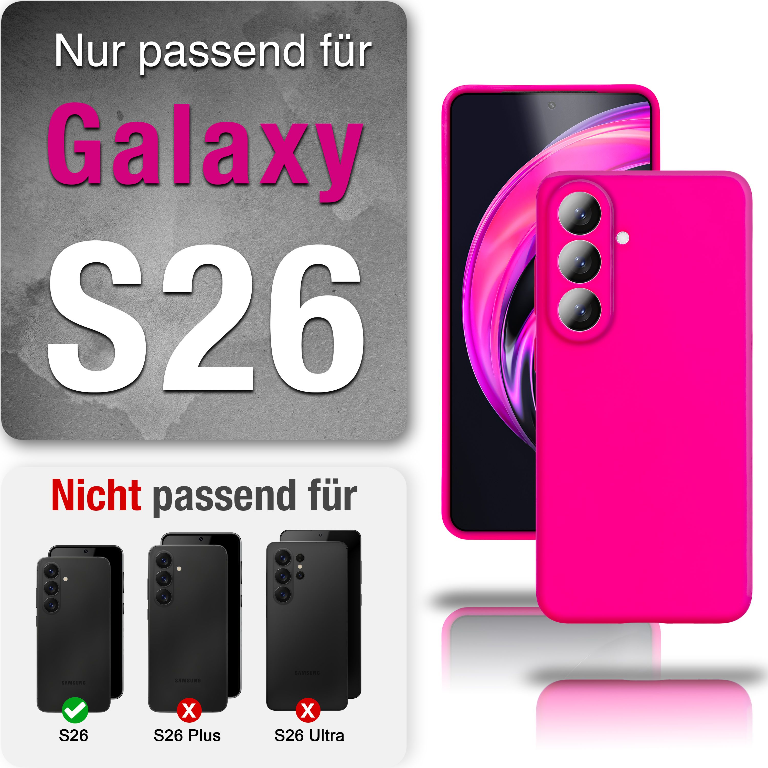 Schwarze Samsung Handys mit Kameras. Ein pinkes Handy-Case.