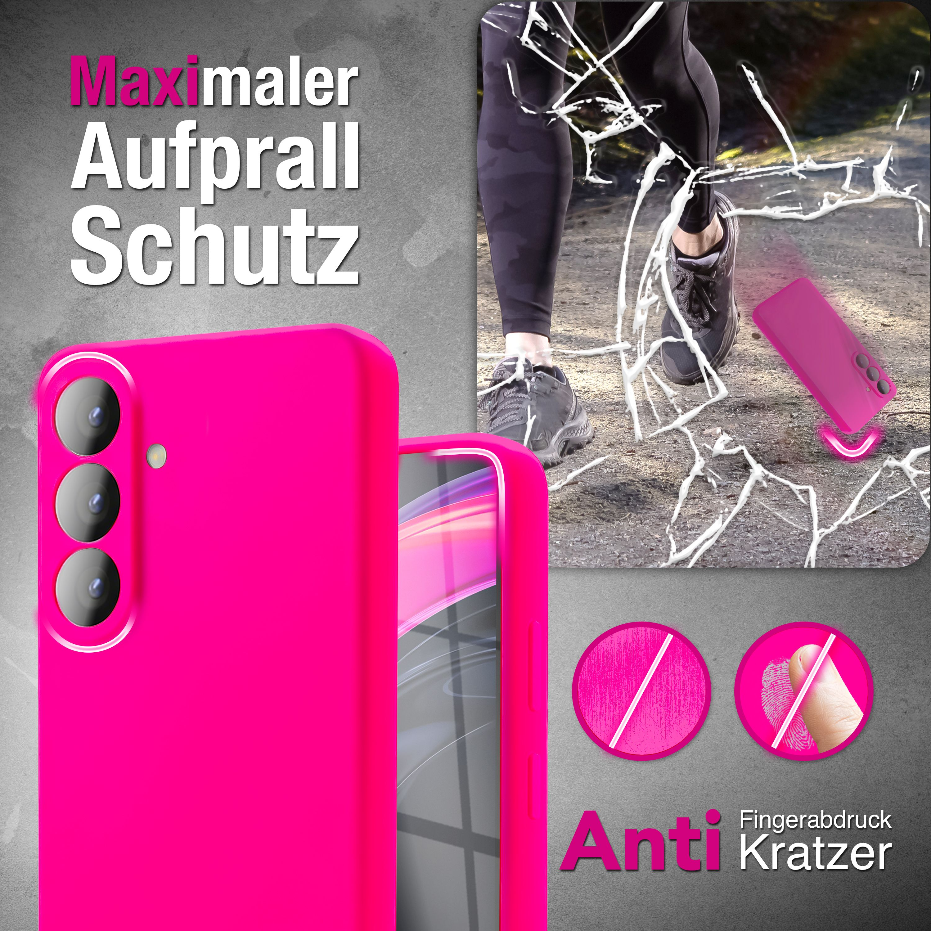 Ein pinkes Handycase fällt auf zerbrochenes Glas, mit Text und Fingerabdruck-Symbolen.
