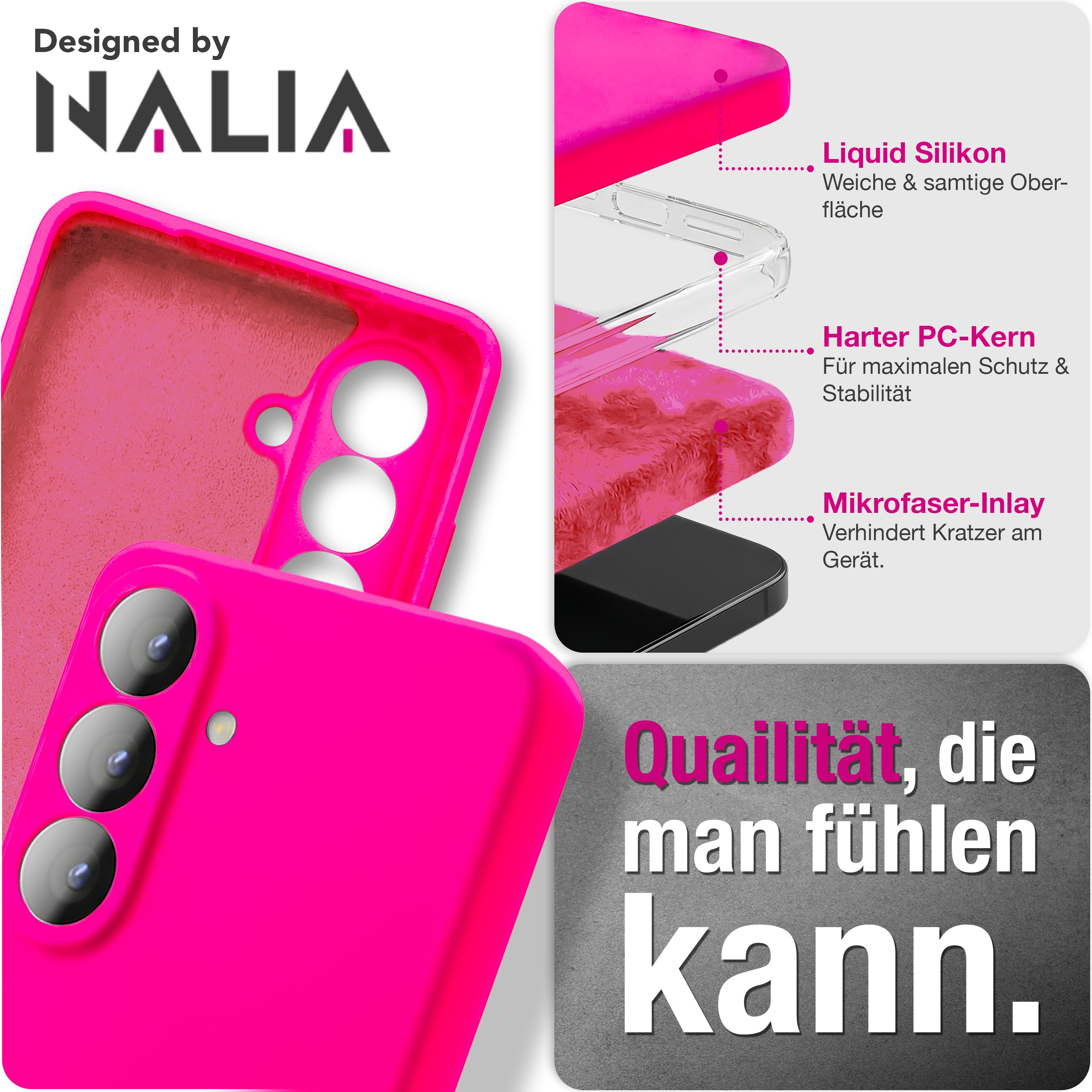 Ein pinkes Handyhülle-Set mit Details zu Material und Schutz.