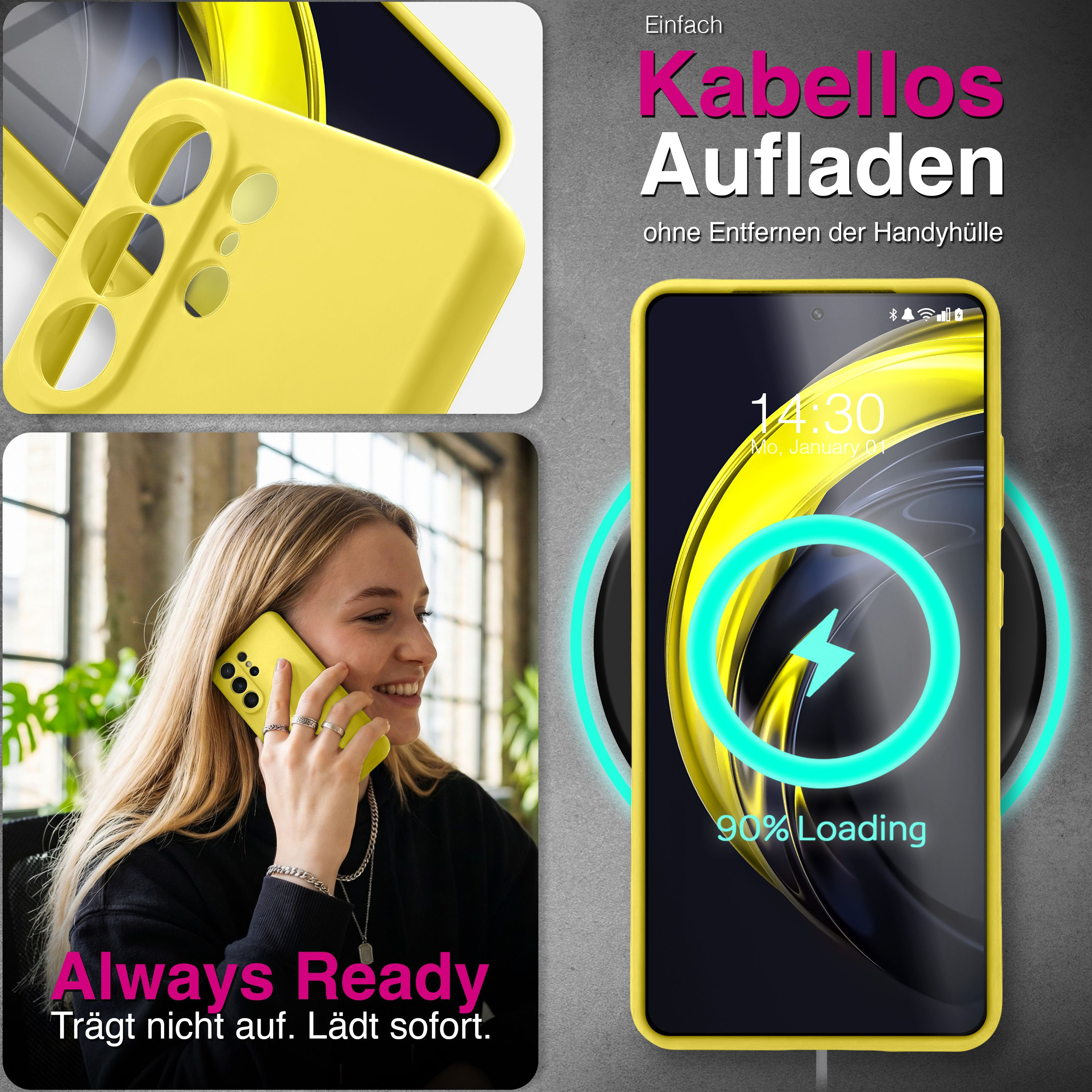Gelbes Handy mit Hülle lädt kabellos. Frau telefoniert. "Always Ready."
