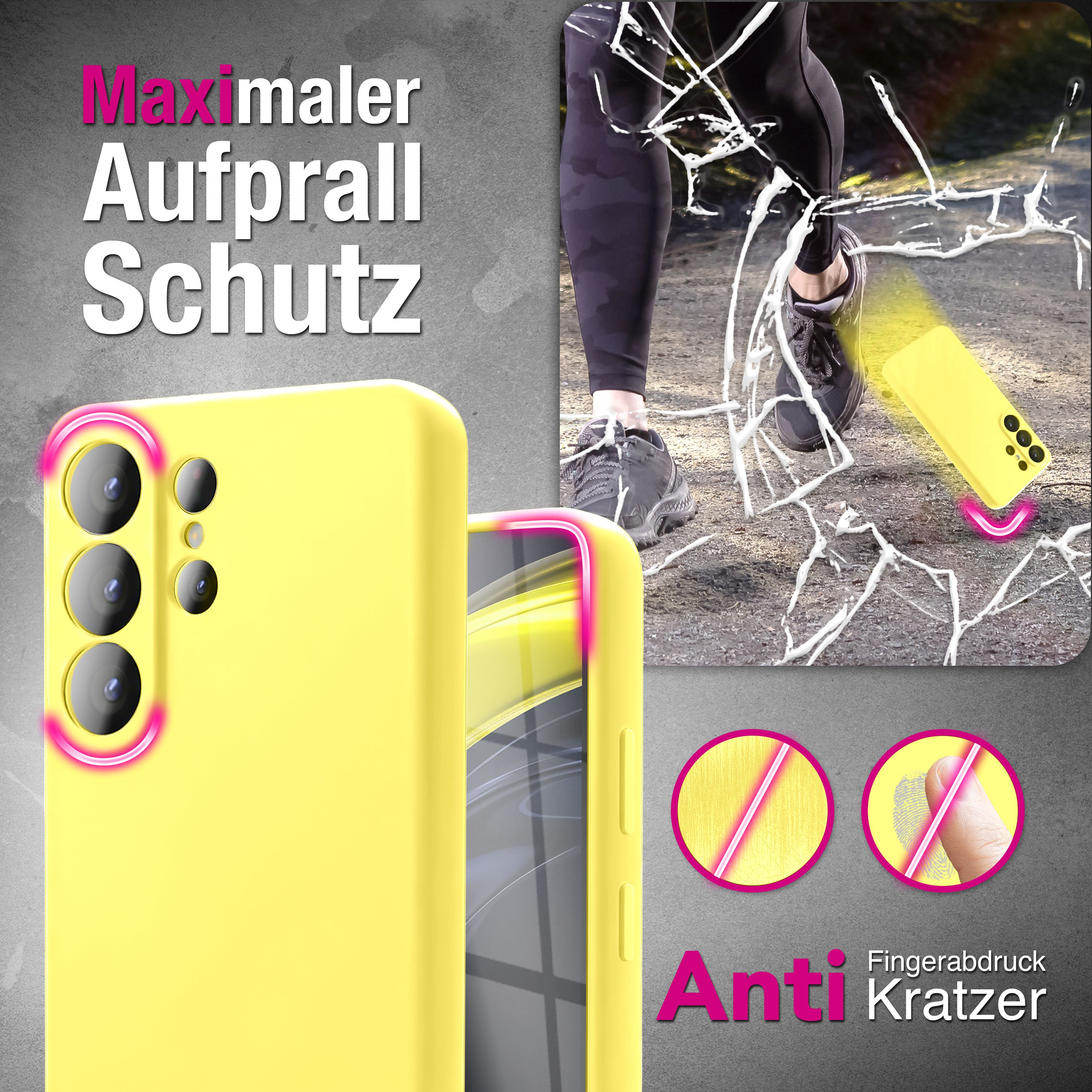 Gelbes Handy-Case mit Kameras, auf zerbrochenem Glas liegend. Text: Maximaler Aufprallschutz.