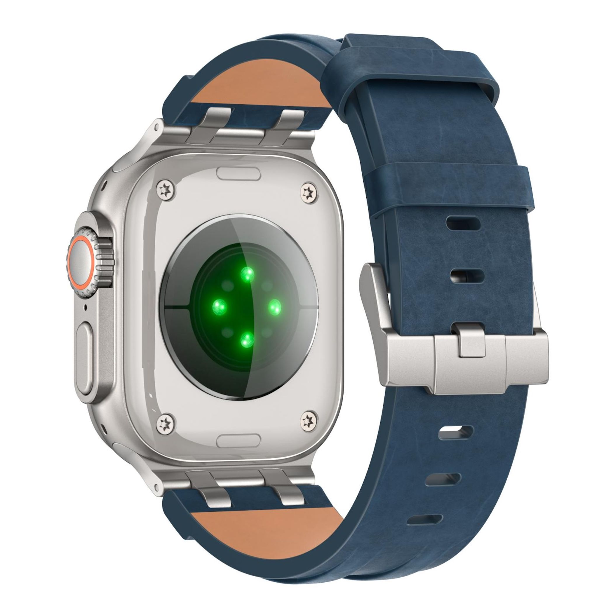 Rückseite einer Smartwatch mit blauem Lederarmband und grünen Sensoren.