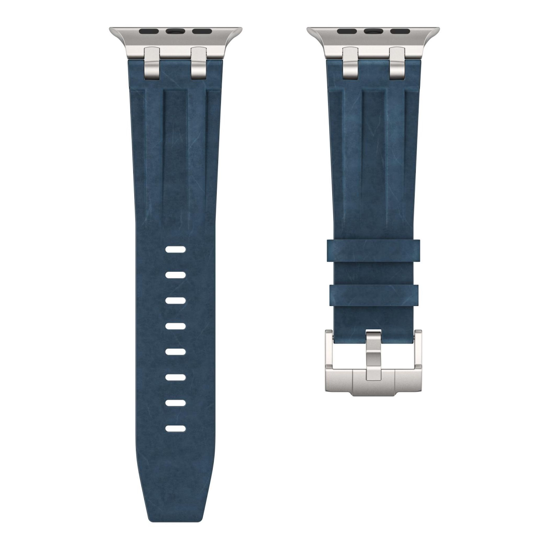 Zwei blaue Uhrenarmbänder mit silbernen Anschlüssen und Schnallen.