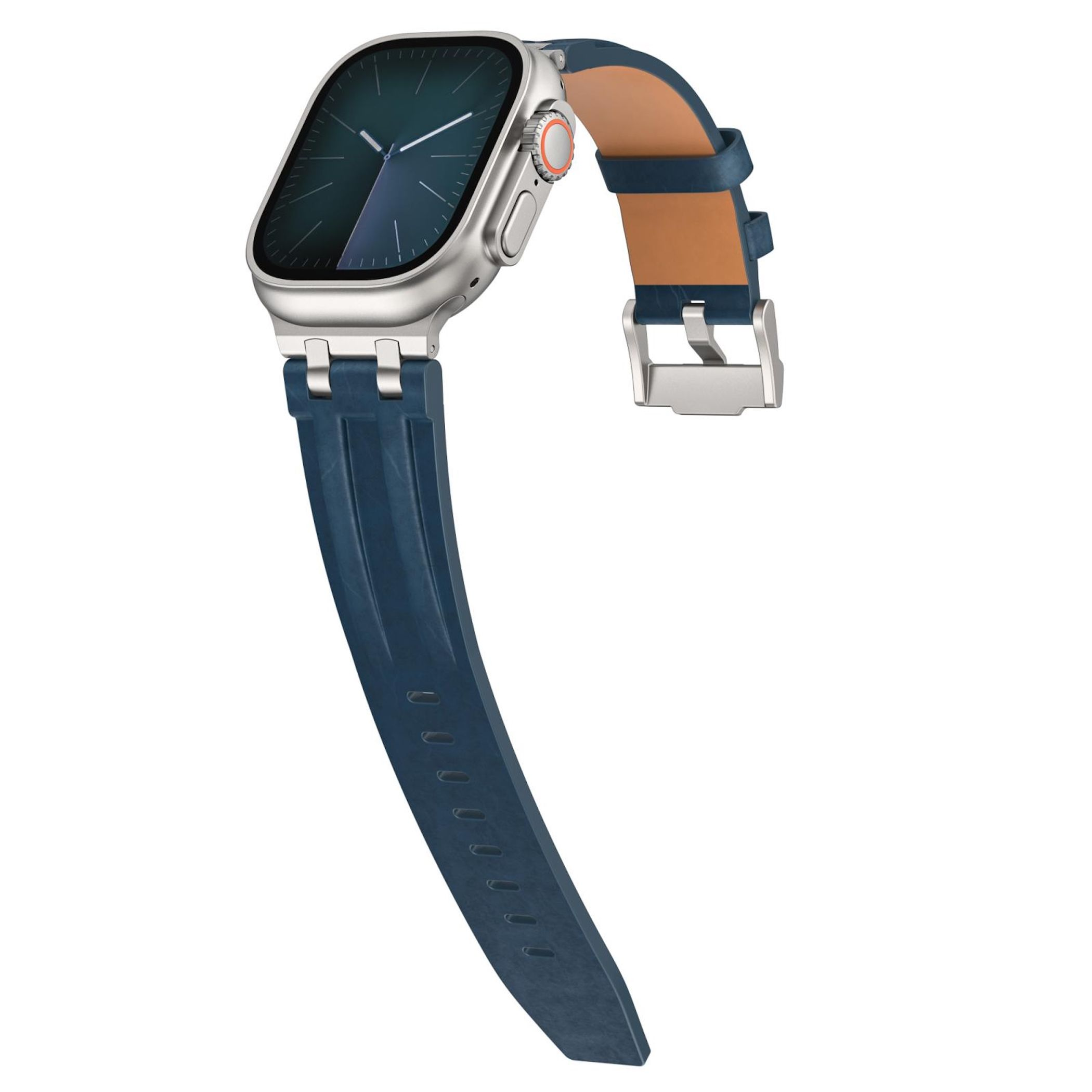 Silberne Smartwatch mit blauem Armband und braunem Lederfutter.