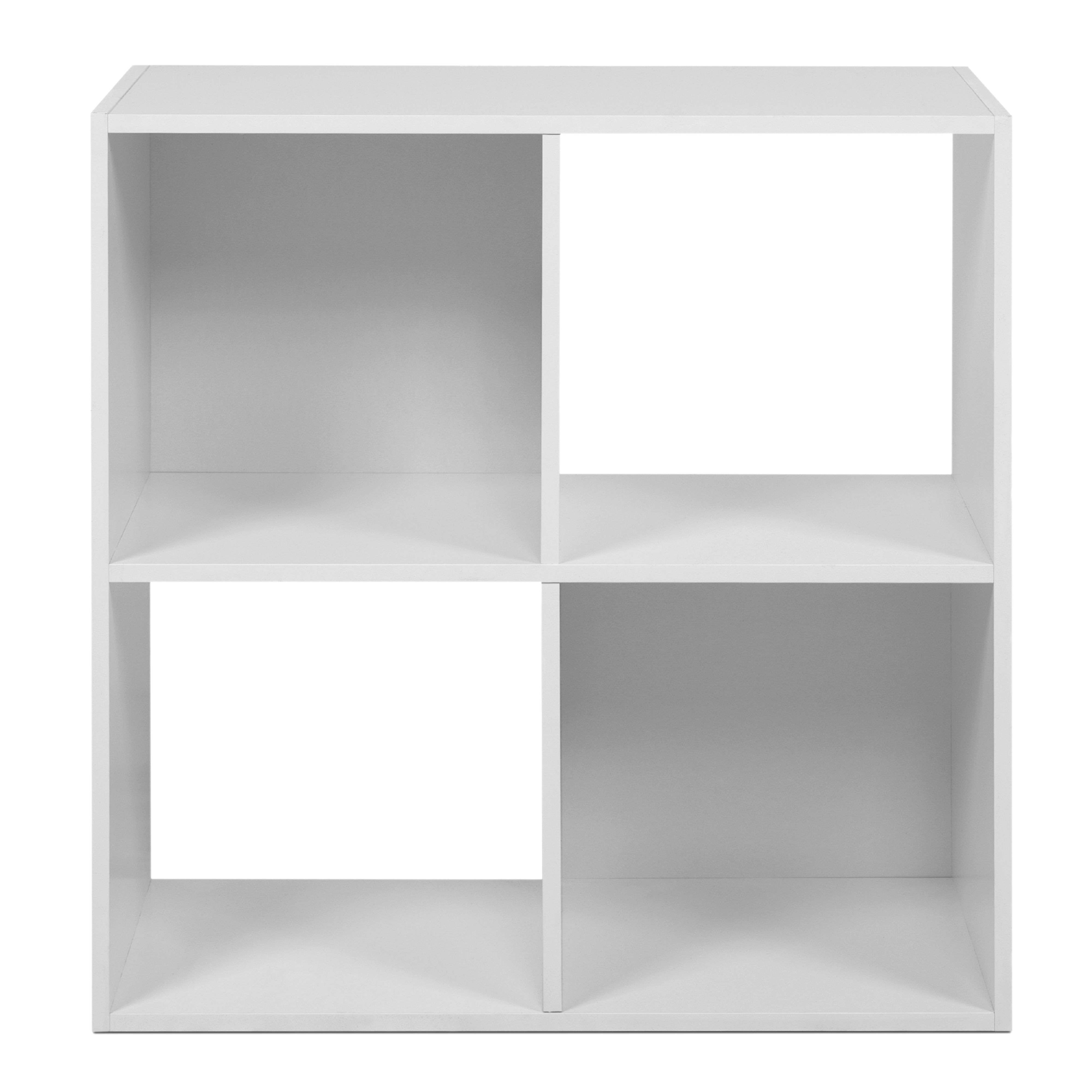 Estantería cúbica blanca con cuatro compartimentos abiertos, fondo blanco.